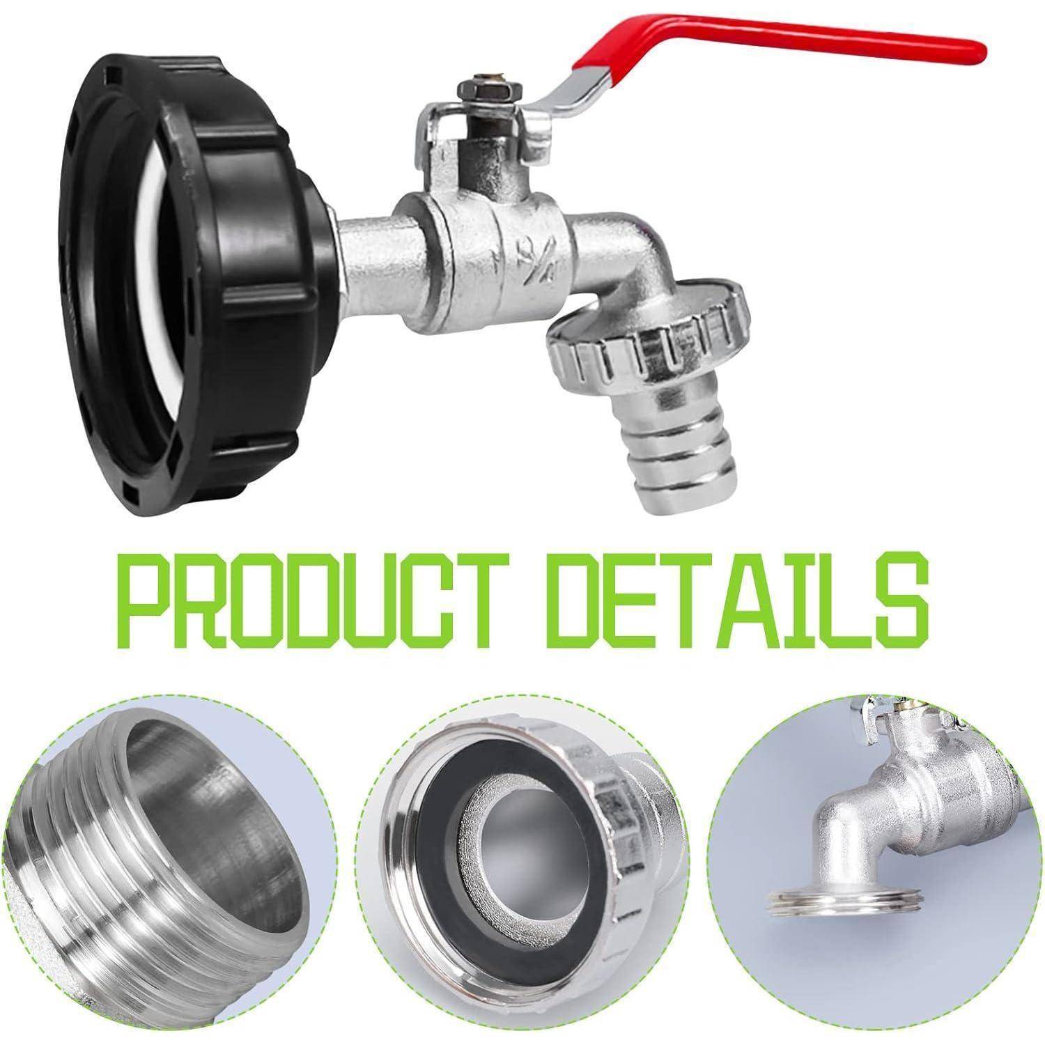 Produktdetailbild eines Metallwasserhahns mit rotem Hebelgriff, schwarzem Schlauchanschluss und drei Nahaufnahmen der Gewinde und des Auslasses.