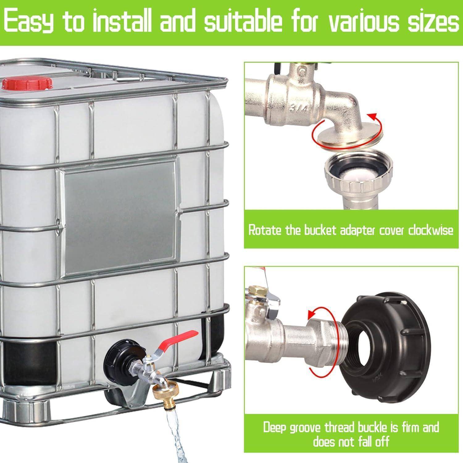 Anleitungsgrafik zeigt einen IBC-Wassertankadapter, der auf einem Tote-Wasserhahn installiert ist, mit Nahaufnahmen, die die Drehung im Uhrzeigersinn und eine sichere Schraubverbindung demonstrieren.