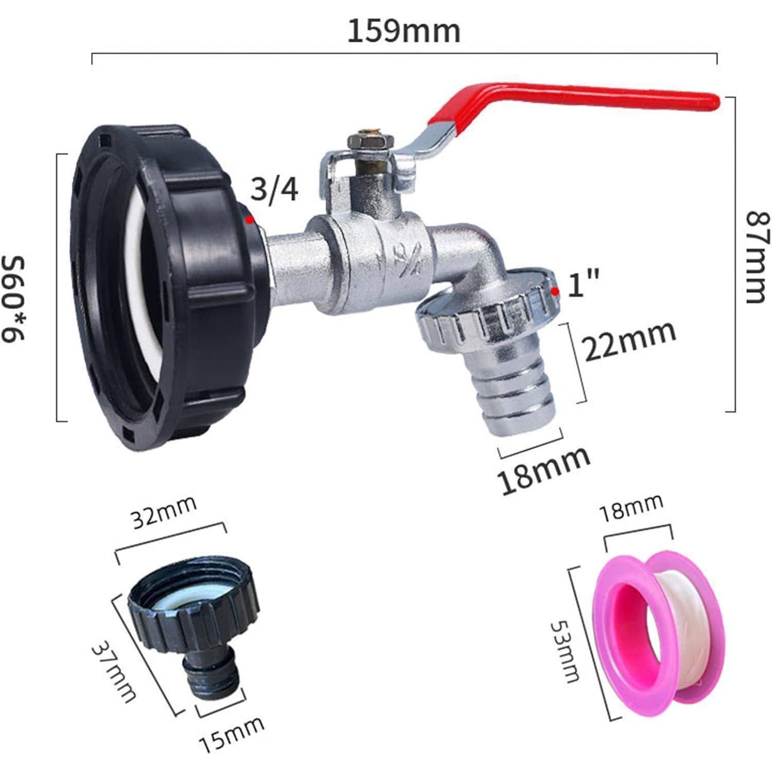 Illustration eines 3/4-Zoll- bis 1-Zoll-Schlauchventils mit rotem Hebel, mit Abmessungen und beigefügten 32-mm-/15-mm- und 18-mm-/53-mm-Adaptern.