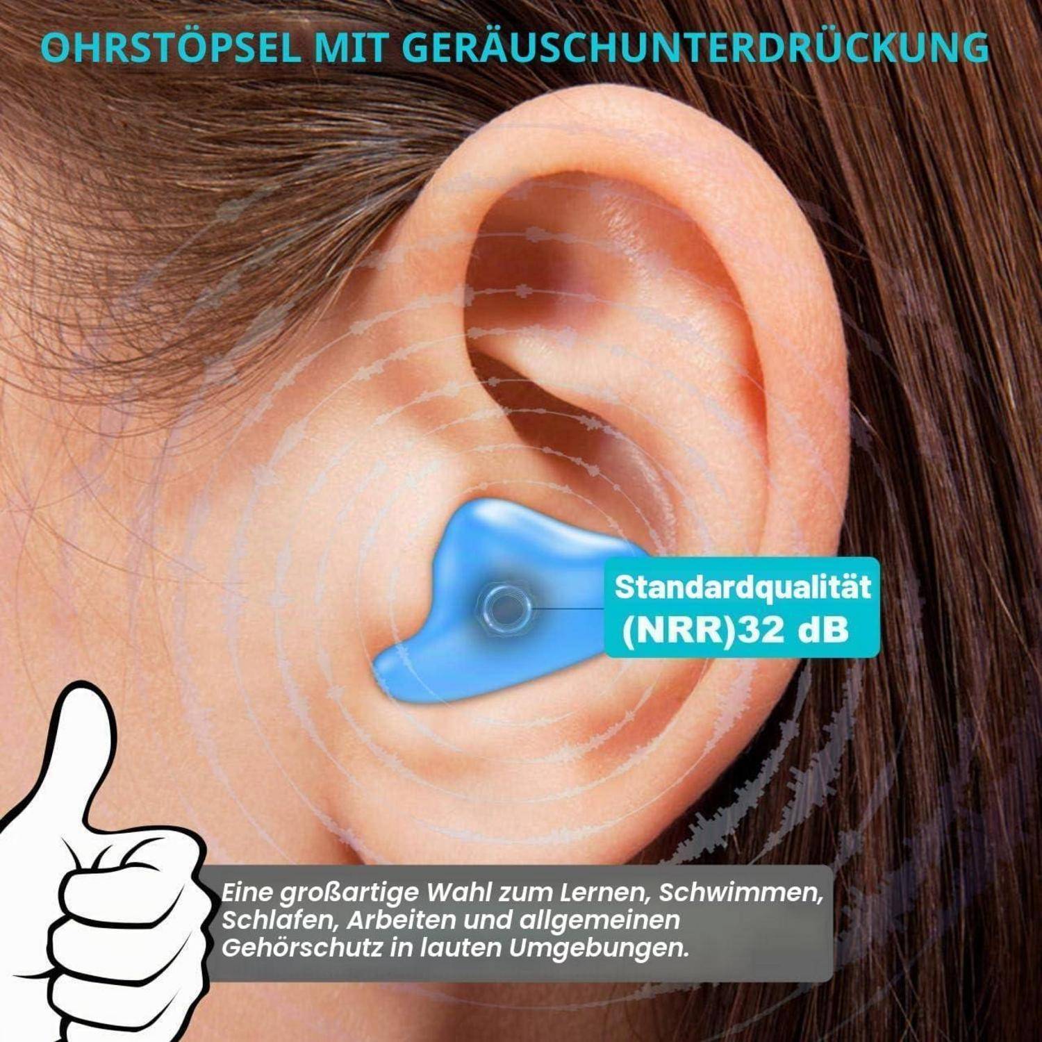 Nahaufnahme eines Ohrs mit einem blauen lärmreduzierenden Ohrstöpsel, mit der Bezeichnung 