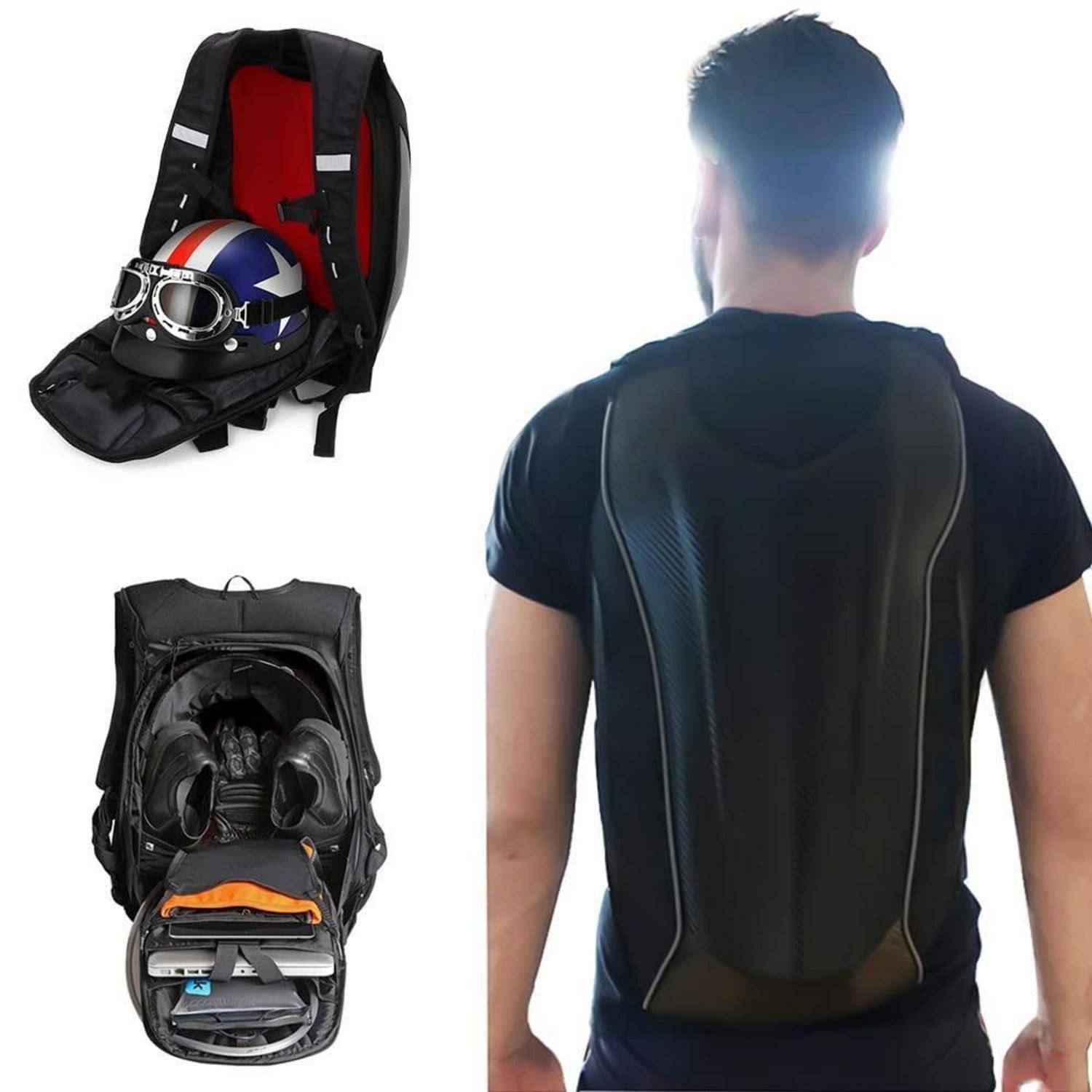Motorrad-Rucksack mit integrierter Schutzrückenarmatur, wird an einer Person in Gebrauch gezeigt und ist geöffnet, um Helmaufbewahrungsfächer zu zeigen.