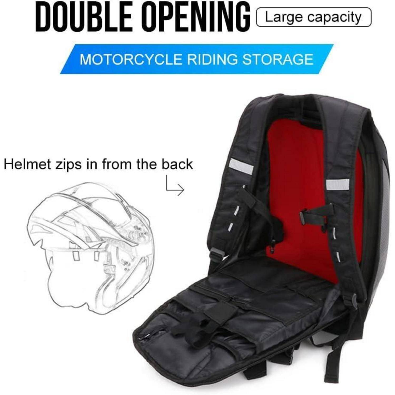 Beworbenes Bild eines großvolumigen Motorrad-Rucksacks mit doppelter Öffnung und großem Stauraum; der Helm wird von hinten mit Reißverschluss befestigt.