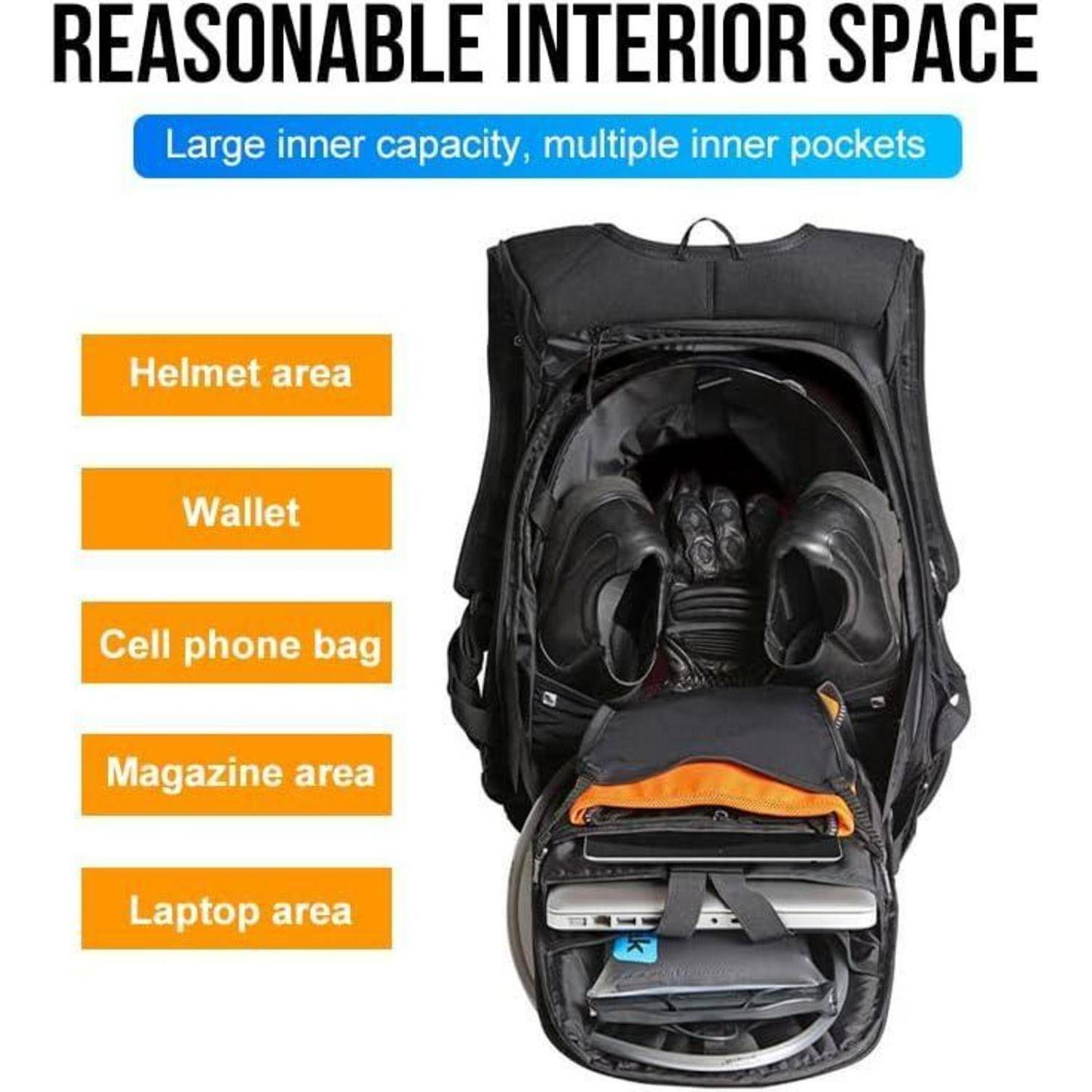 Rucksackinnenlayout geöffnet dargestellt mit beschrifteten Lagerflächen: Helmbereich, Geldbörsenbereich, Handytasche, Zeitschriftenbereich und Laptopbereich; Bildunterschrift besagt „Angemessener Innenraum" und „Große innere Kapazität, mehrere innere Taschen"".