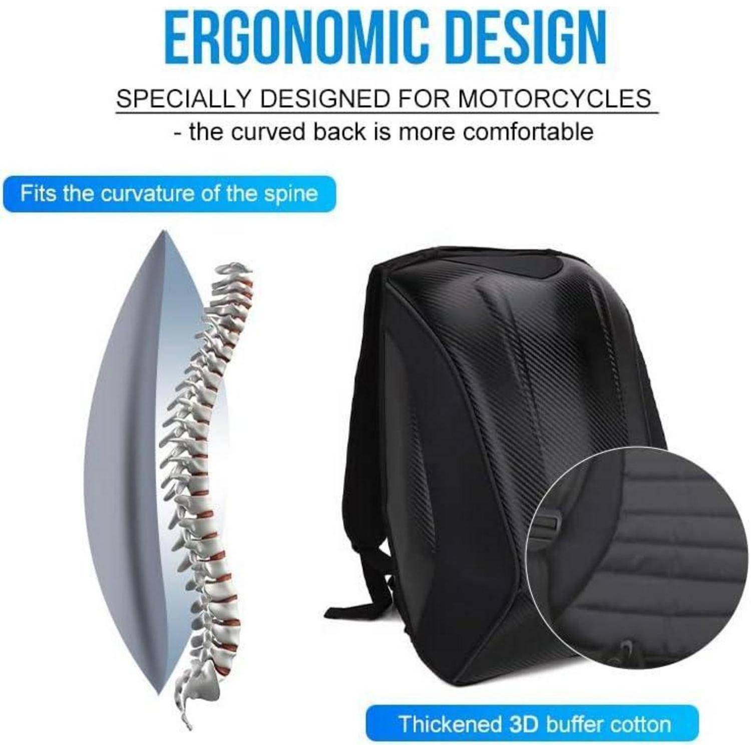 Illustration eines Motorradrucksacks mit ergonomischem Design, das einen gekrümmten Rücken zeigt, der sich der Wirbelsäule anpasst, plus verstärkte 3D-Pufferbaumwollpolsterung.