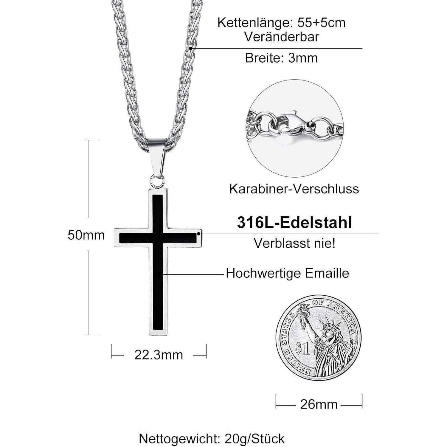 Produktdiagramm einer silbernen Kettenkette mit schwarzem Kreuzbehang, das eine verstellbare Kette von 55+5 cm, eine Pendellanghöhe von 50 mm, eine Breite von 22,3 mm, 316er Edelstahl und ein Gewicht von 20 g zeigt.