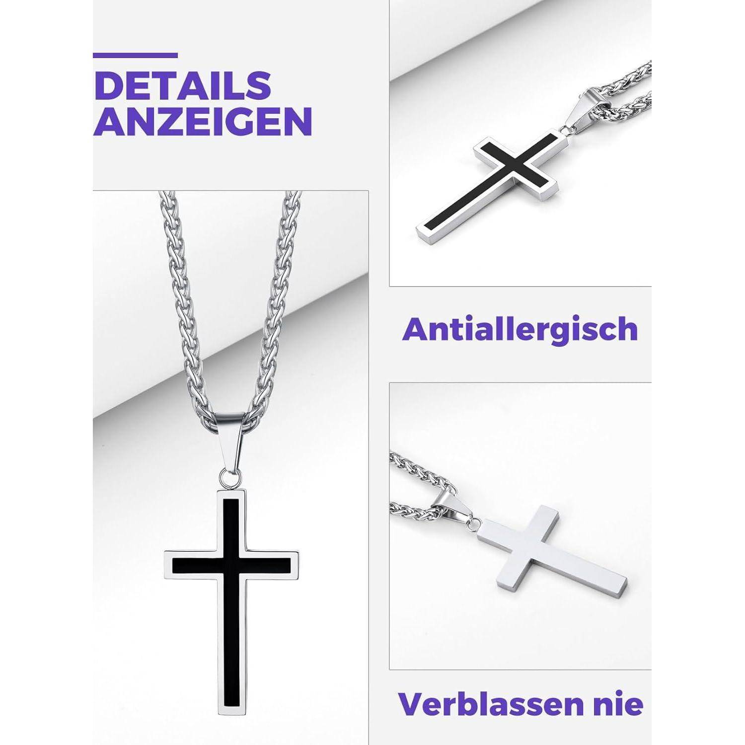 Werbebild silberner Kreuzketten mit deutschem Text „DETAILS ANZEIGEN