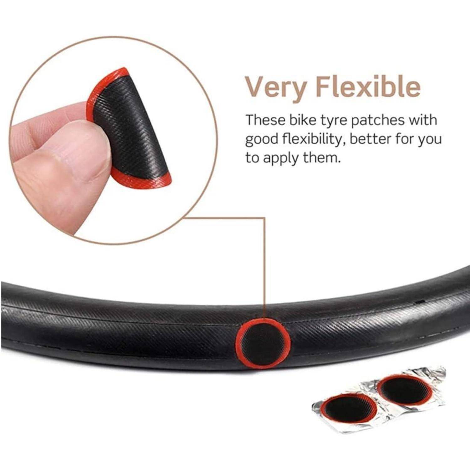 Anzeige, die einen flexiblen Fahrradreifen-Flicken zeigt, der auf einen Schlauch aufgebracht wird, mit vergrößerter Flicken-Detailansicht und dem Text „Sehr flexibel".