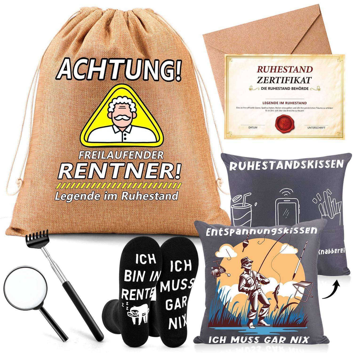 Produktcollage von Ruhestandsgeschenken: ein Jutesack mit der Aufschrift „Achtung! Freilaufender Rentner! Legende im Ruhestand,
