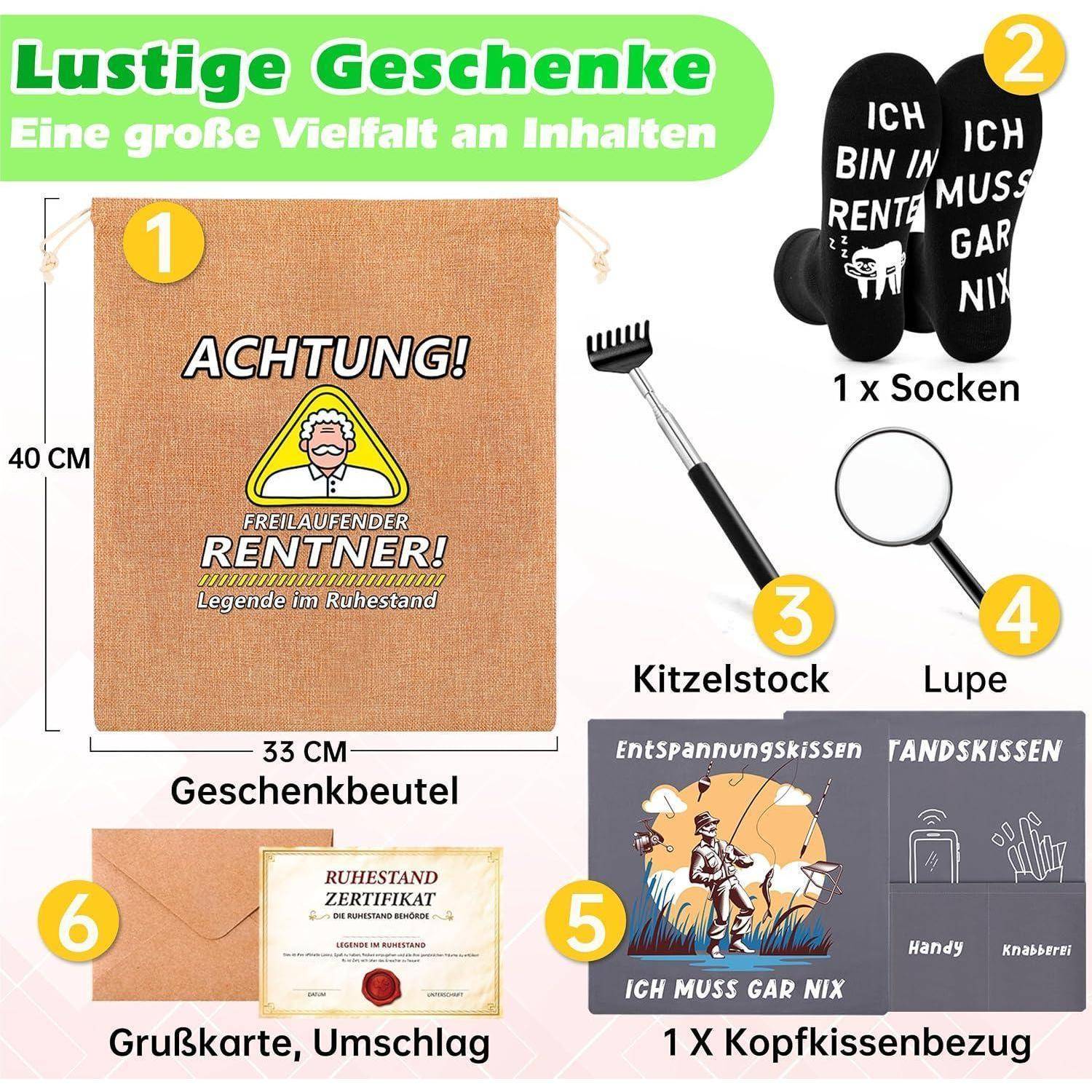 Deutsches Geschenkpaket für Rentner mit Artikeln nummeriert von 1 bis 6: Geschenktasche, Sockenpaar, Rückenkratzer, Lupe, Kissenbezug und Grußkartenhülle.