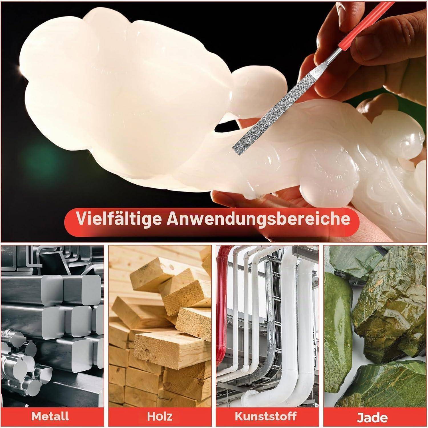 Collage aus einem durchsichtigen Material, das geformt wird, und vier gekennzeichneten Anwendungsbeispielen: Metall, Holz, Kunststoff und Jade.