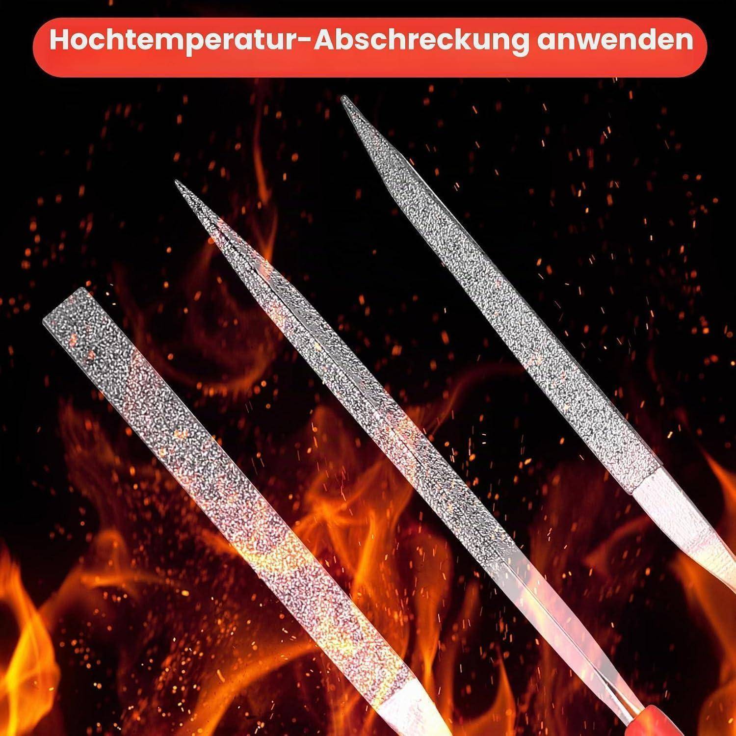 Drei glühende Metallnagelfeileim Flammen mit dem deutschen Text „Hochtemperatur-Abschreckung anwenden" oben.