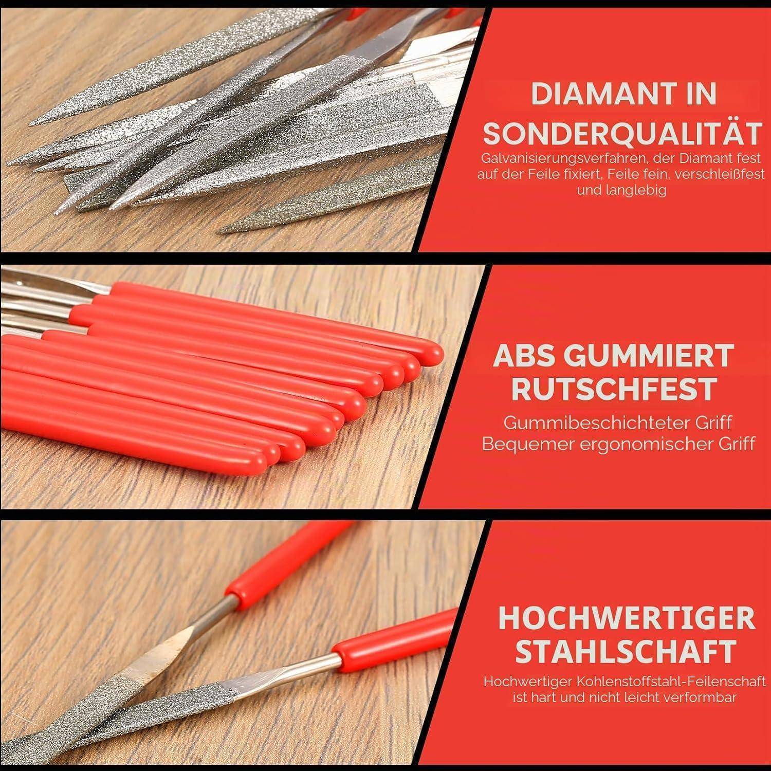 Werbe-Grafik von Diamantraspeln mit roten Griffen, die Diamantqualität, rutschfesten Gummigriff und hochwertige Stahlschäfte hervorhebt.