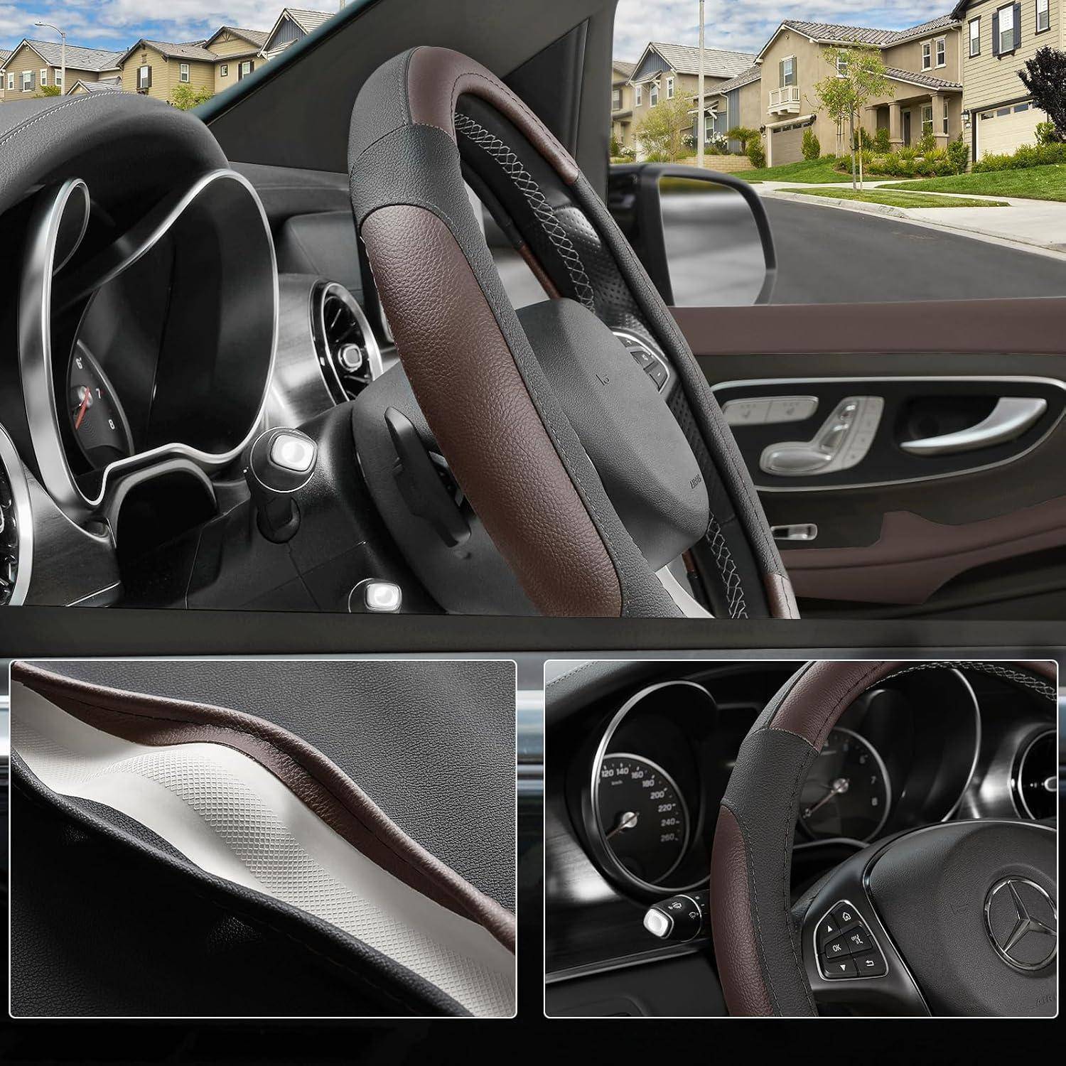 SEG Direct Lenkradbezug für Auto, Standard-Mittelgröße 37-39 cm, Auto-Innenausstattung, Schwarz und Dunkelbraun Mikrofaserleder 2.Mittlere Größe[