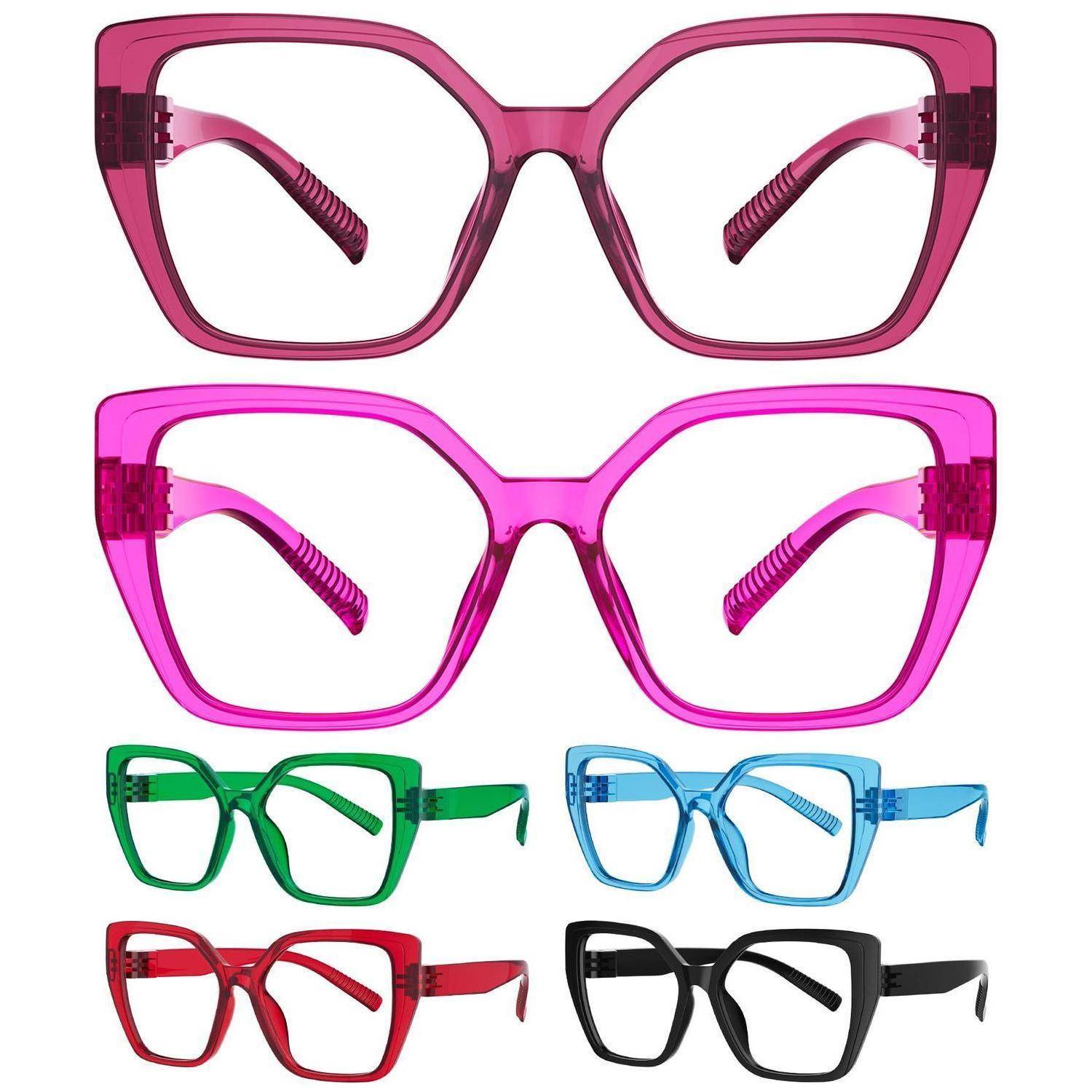 Fünf Paar Brillen in verschiedenen Farben und Formen, in einer Produktanzeige gezeigt: Rahmen in Magenta, Rosa, Grün, Blau, Rot und Schwarz.