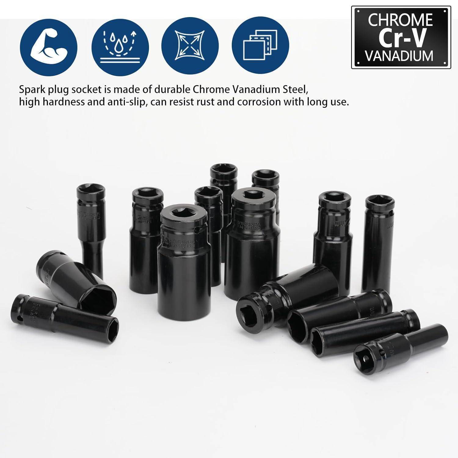 Produktbild von schwarzen Chrom-Vanadium-Zündkerzenstecknüssen in verschiedenen Größen, mit Symbolen und Text, die langlebiges, rostbeständiges und rutschfestes Material andeuten.