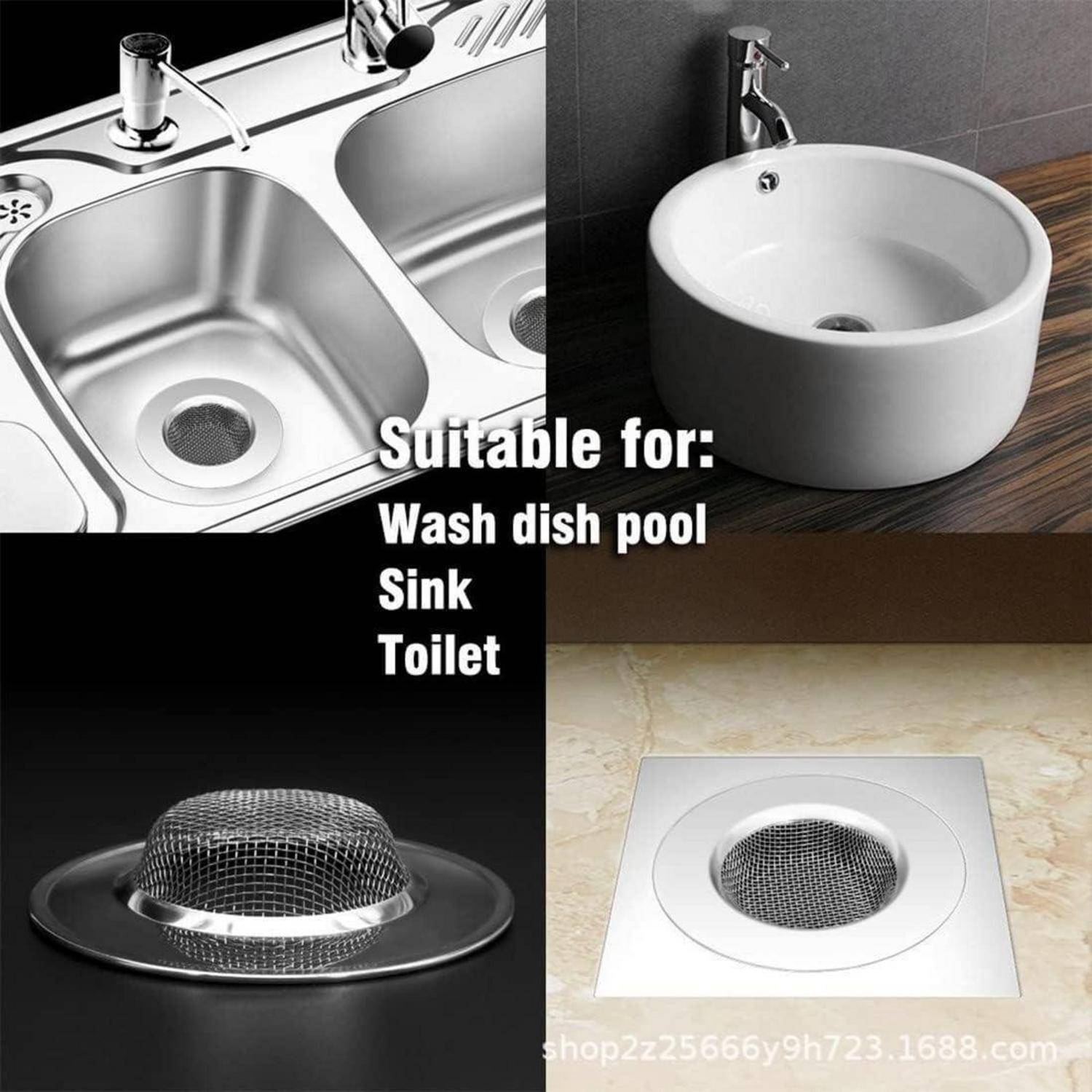 Produktcollage mit einer Maschenablaufabdeckung, die sich für Spülen, Waschbecken und Toiletten eignet, mit Beispielen, die in Edelstahl- und Keramikarmaturenintstalliertfischenveranstaltungen.