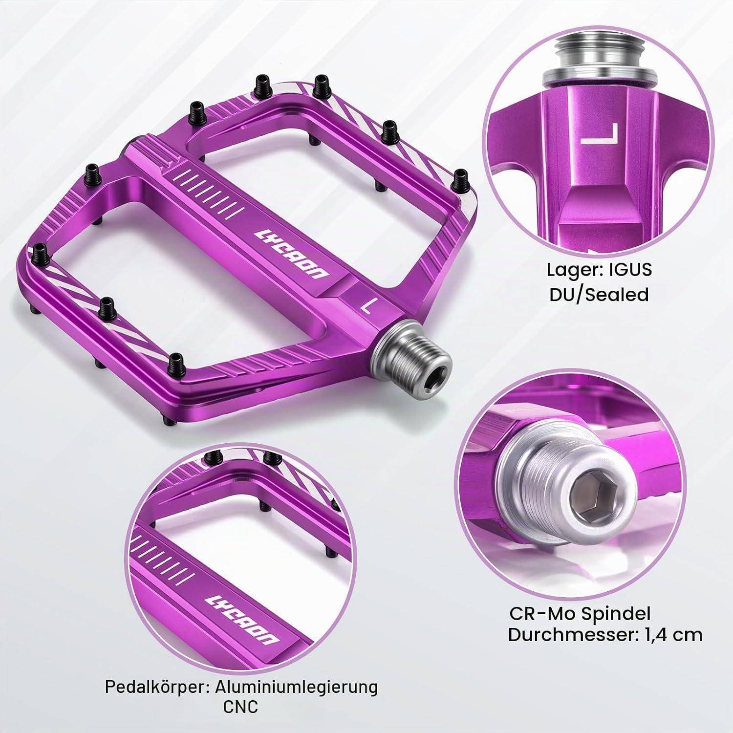Violettes CNC-Aluminium-Fahrradpedal mit Metallspindel, gezeigt mit Nahaufnahmen von "Lager: IGUS DU/Sealed"" und ""CR-Mo Spindel Durchmesser: 1,4 cm"".
