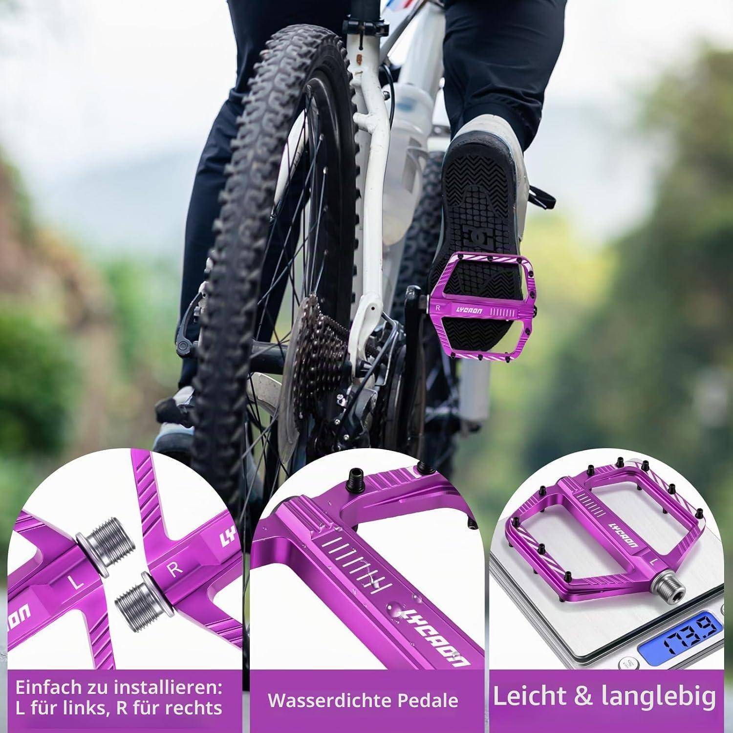 Radfahrer fährt ein Mountainbike mit leuchtend violetten Pedalen; eingefügte Nahaufnahmen zeigen verstellbare, wasserdichte Pedale mit deutschem Text, der einfache Montage und Langlebigkeit bewirbt.