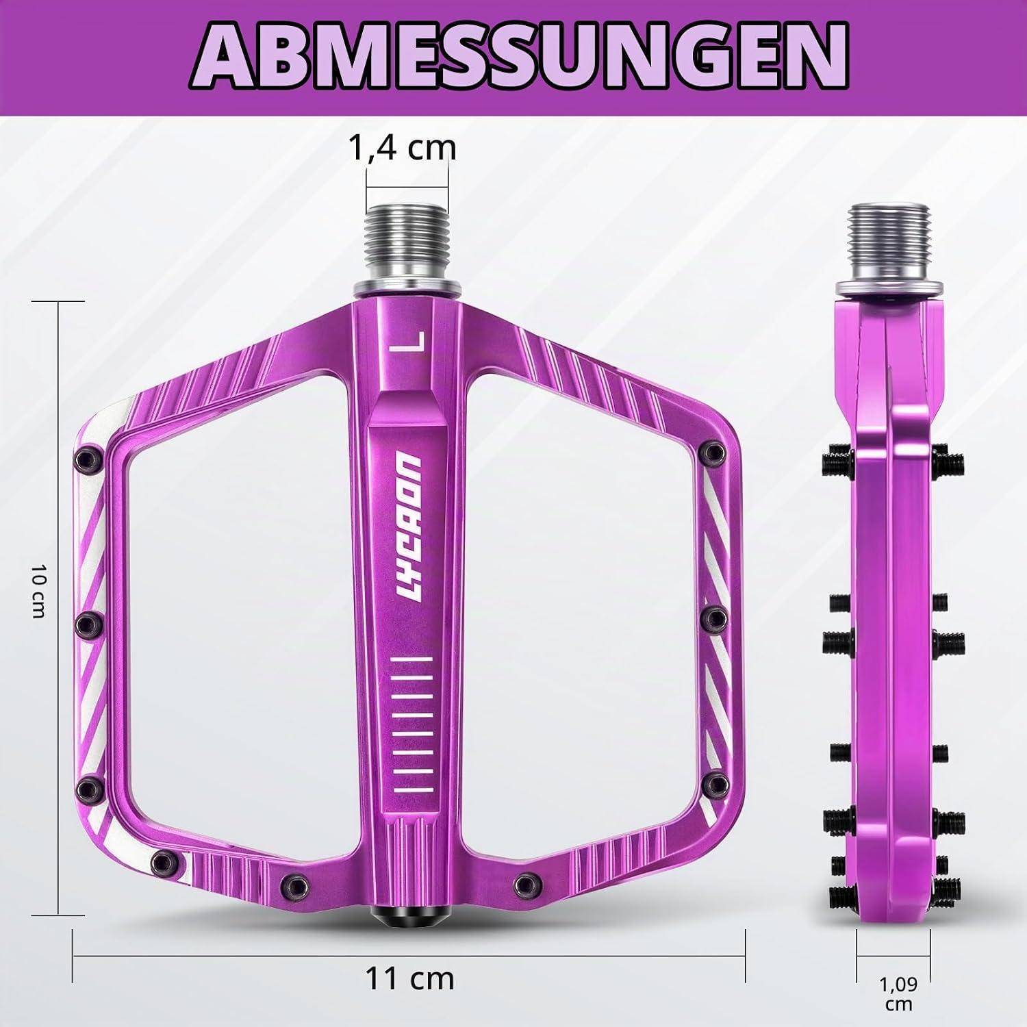 Diagramm mit einem violetten Fahrradpedal und Abmessungen: 11 cm breit, 10 cm hoch, 1,4 cm Gewindelachse und 1,09 cm Dicke.