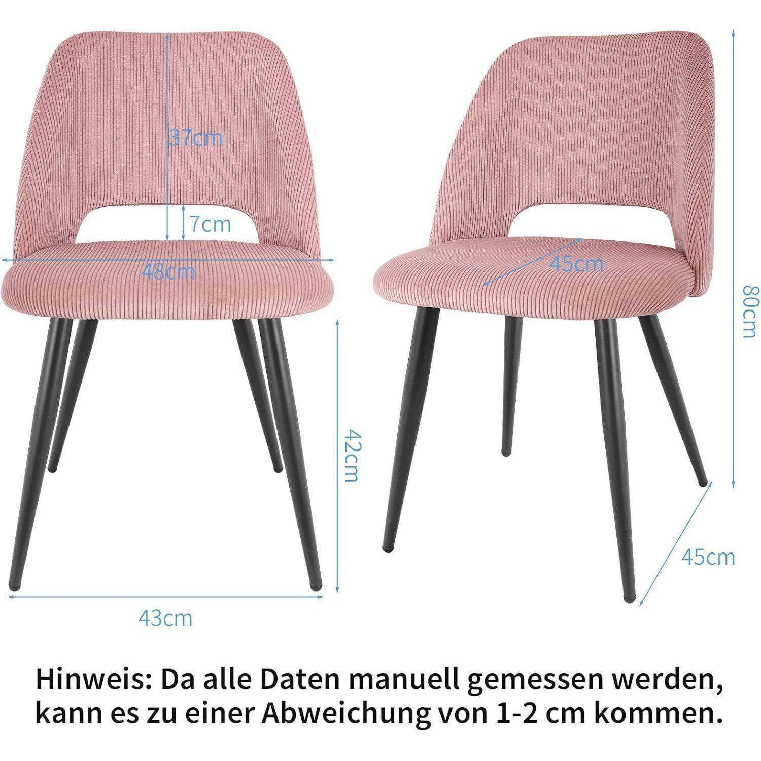 Zwei Ansichten eines rosa gepolsterten Esszimmerstuhls mit schwarzen Beinen, dargestellt mit Maßangaben: 80 cm hoch, 43 cm breit, 45 cm tief; eine Notiz besagt, dass die Größen um 1-2 cm abweichen können.