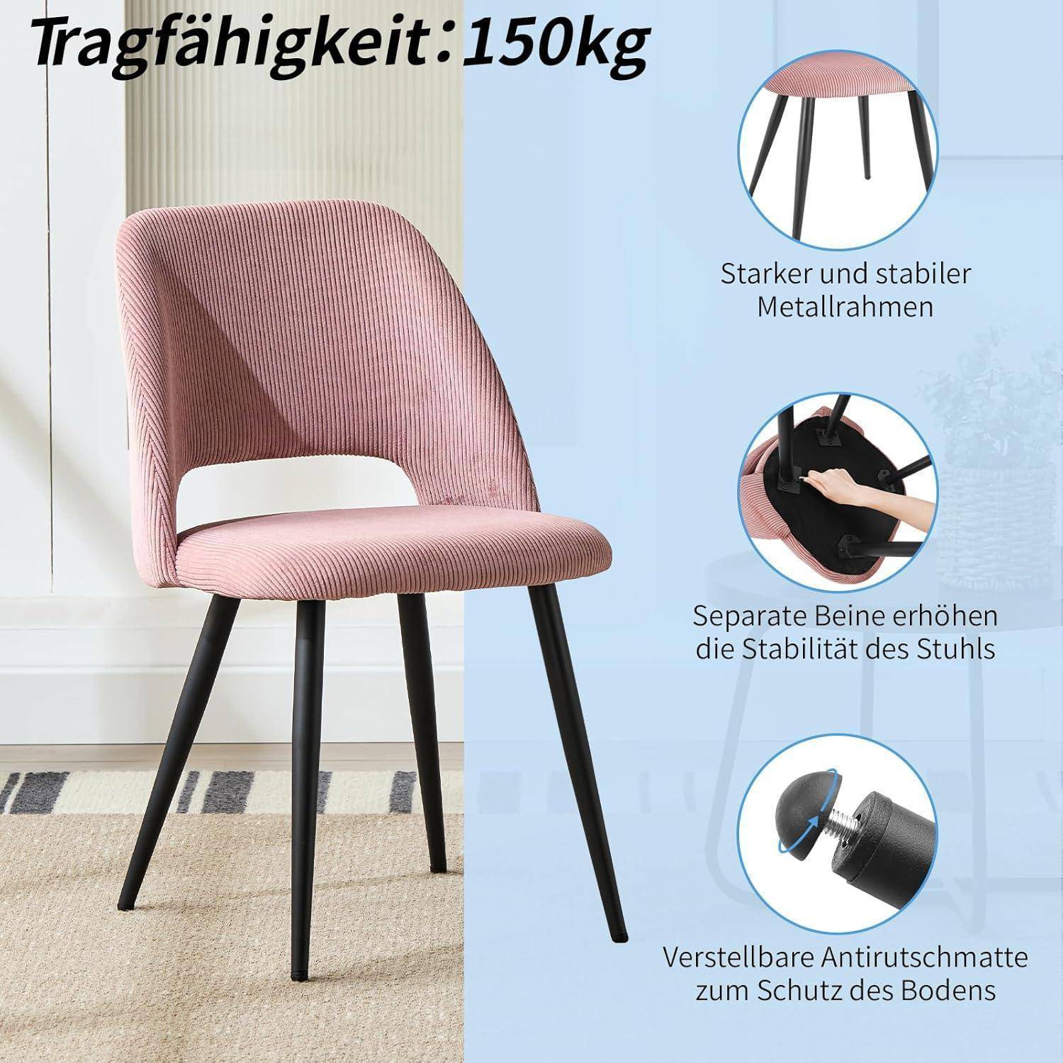 Rosa gepolsterter Stuhl mit schwarzen Metallbeinen, gekennzeichnet mit „Tragfähigkeit: 150kg