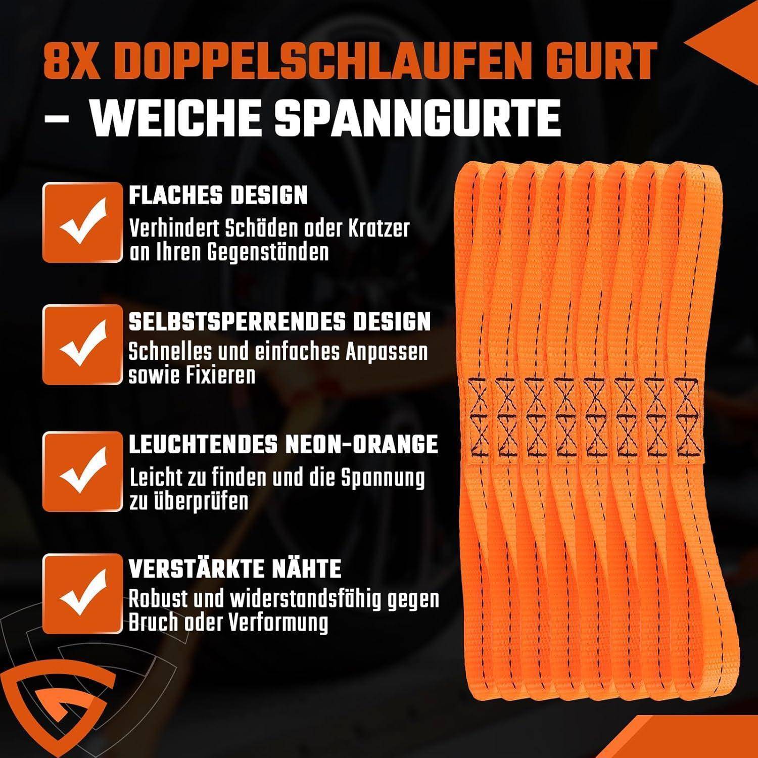 Orange 8x doppelschleifiges Zurrgurt mit deutscher Funktionsliste: flaches Design, selbstspannend, leuchtendes Orange, verstärkte Nähte für sichere Befestigung.