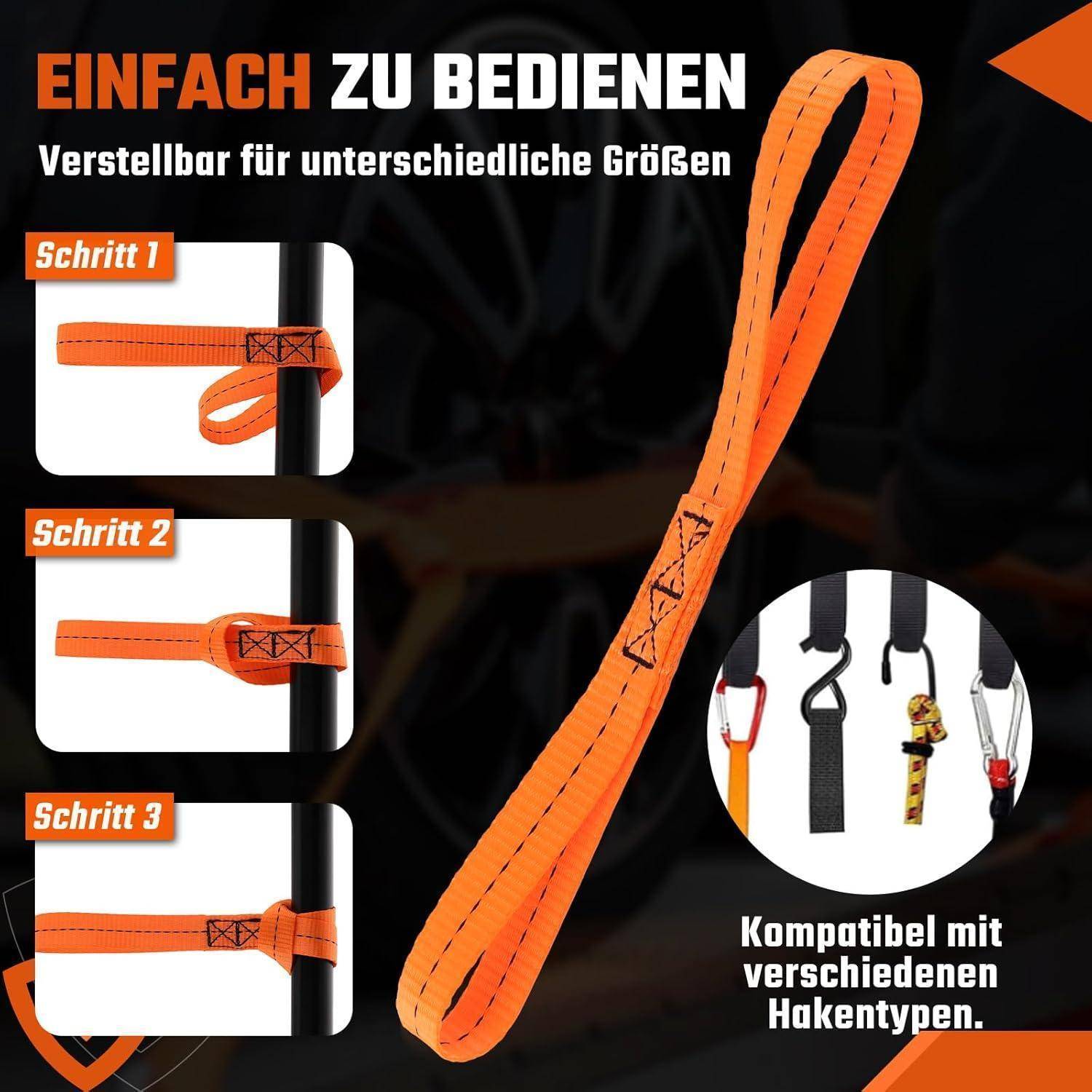 Anleitung-Grafik mit verstellbarem orangefarbenem Riemen in drei Schritten, beschriftet mit „Einfach zu bedienen