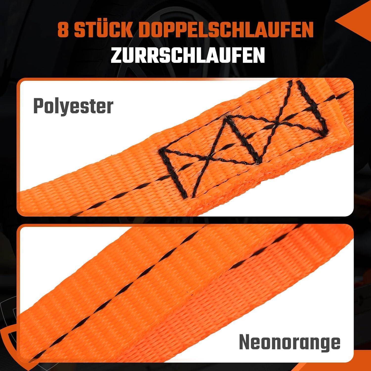 Werbegrafik zeigt ein 8er-Pack doppelschleifige Spanngurte aus Polyester in Neonorange, mit Nahaufnahmen des Gurtes und der Nähte.