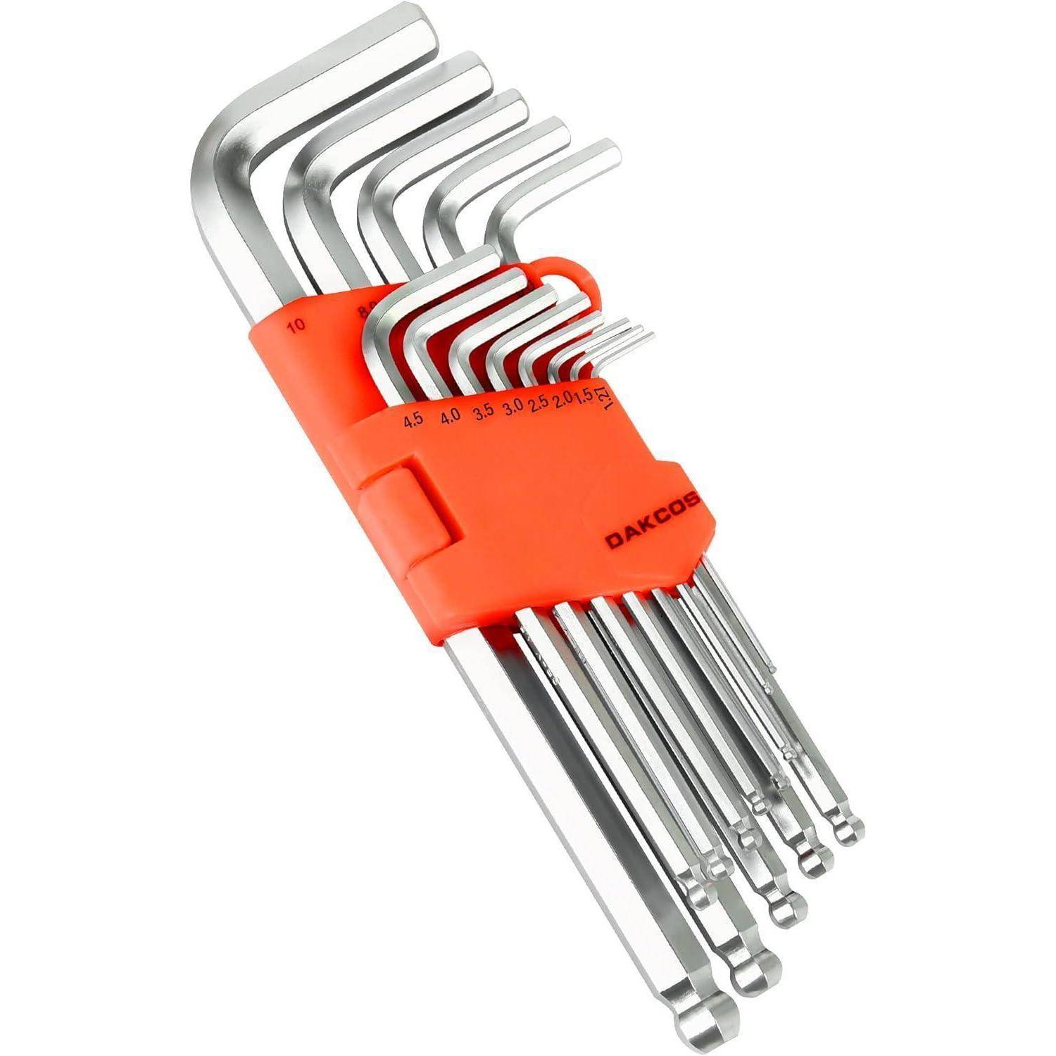 DAKCOS Innensechskantschlüssel Satz 13 tlg mit Kugelkopf Innensechskant Satz Winkelschlüssel Set HX mit CR-V, Metrisch, 1, 27 bis 10 mm, in Kunststo
