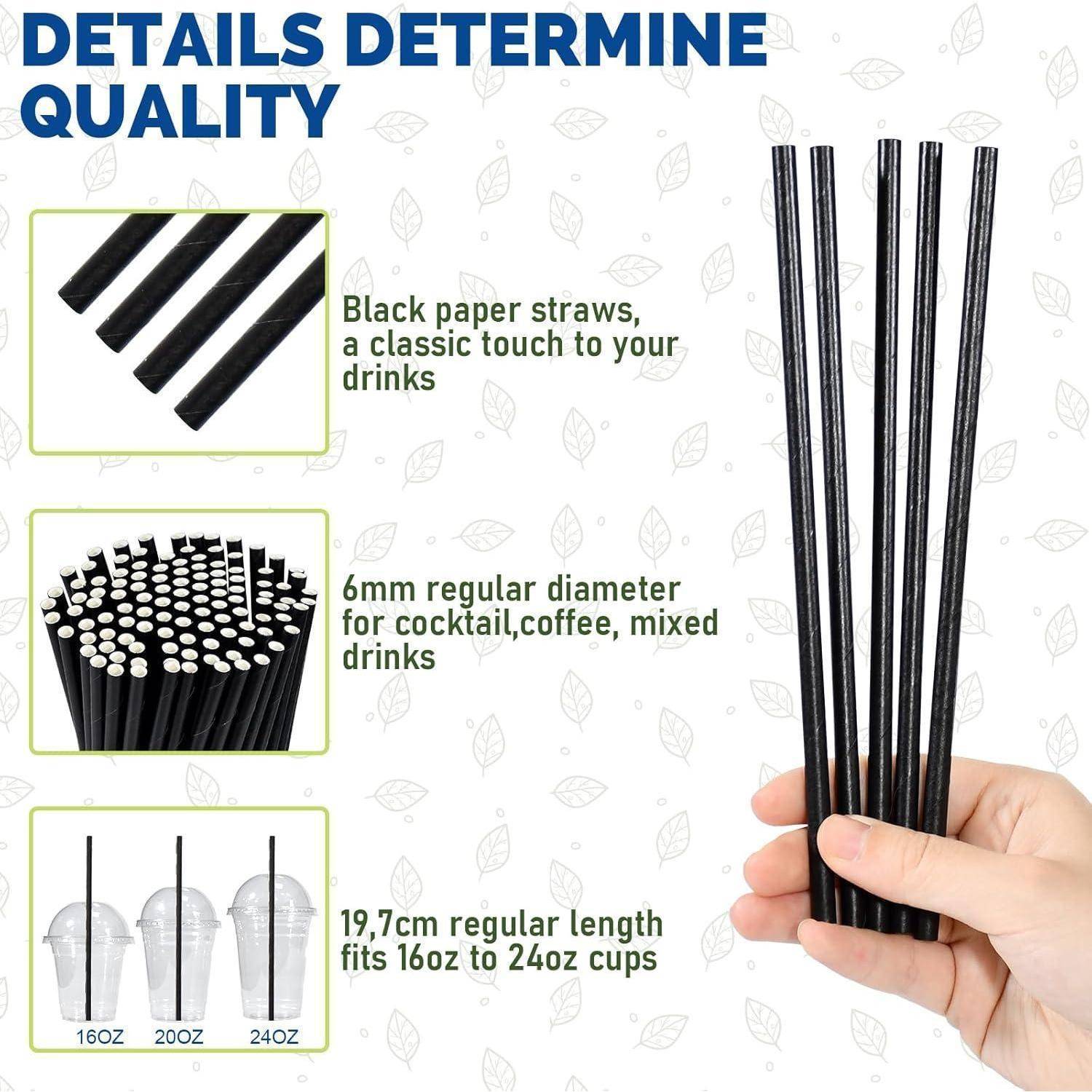 Werbung mit schwarzen Papiertrinkhalmen in einer Hand, mit Beschriftungen für einen Durchmesser von 6 mm und eine Länge von 19,7 cm, geeignet für Behälter von 16 oz bis 24 oz.