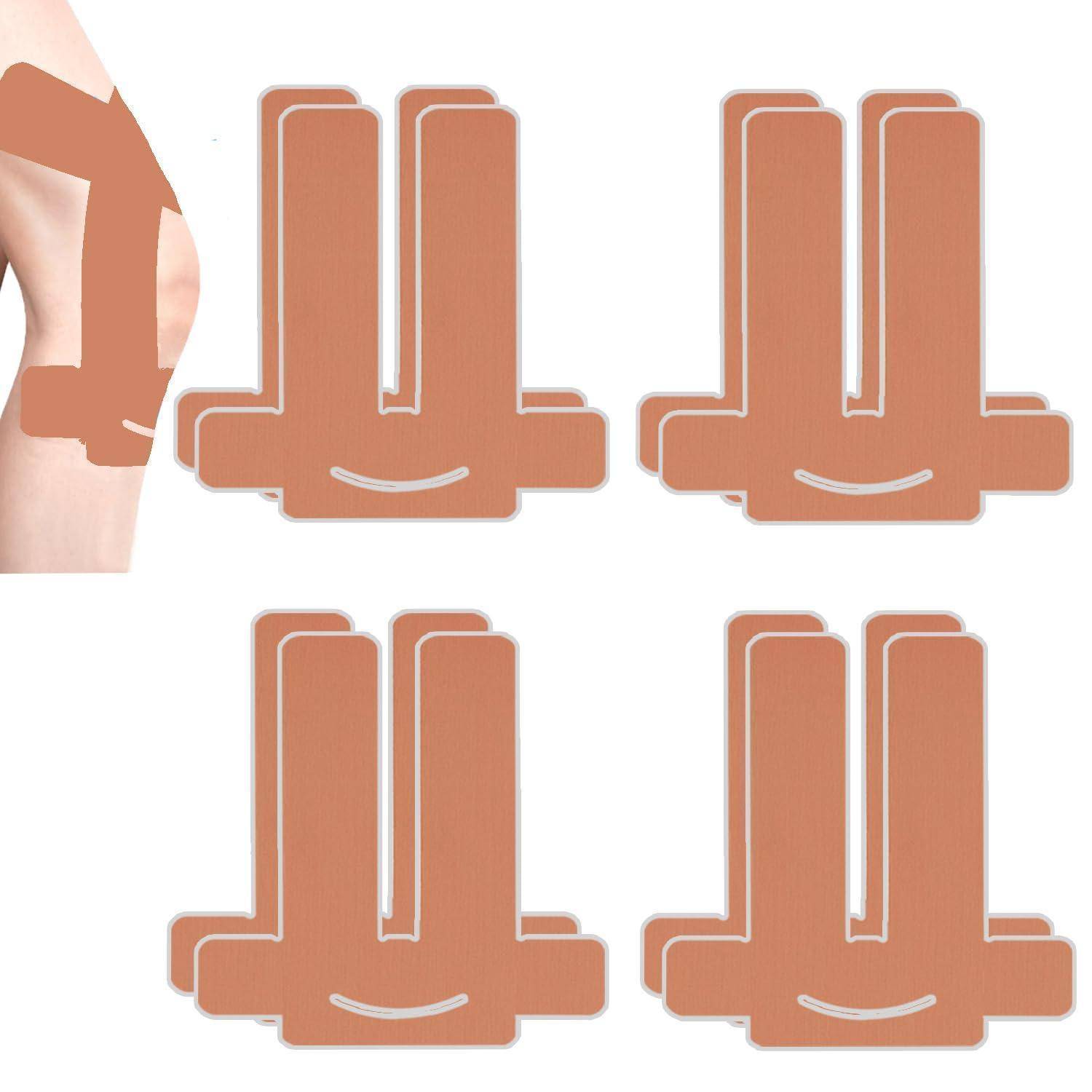Diagramm von vier klebstoffhaltigen, buchstabenähnlichen orangefarbenen Flecken mit abgerundeten Oberteilen und einer lächelförmigen Linie, dargestellt neben einer Person, die einen auf die Haut aufbringt.
