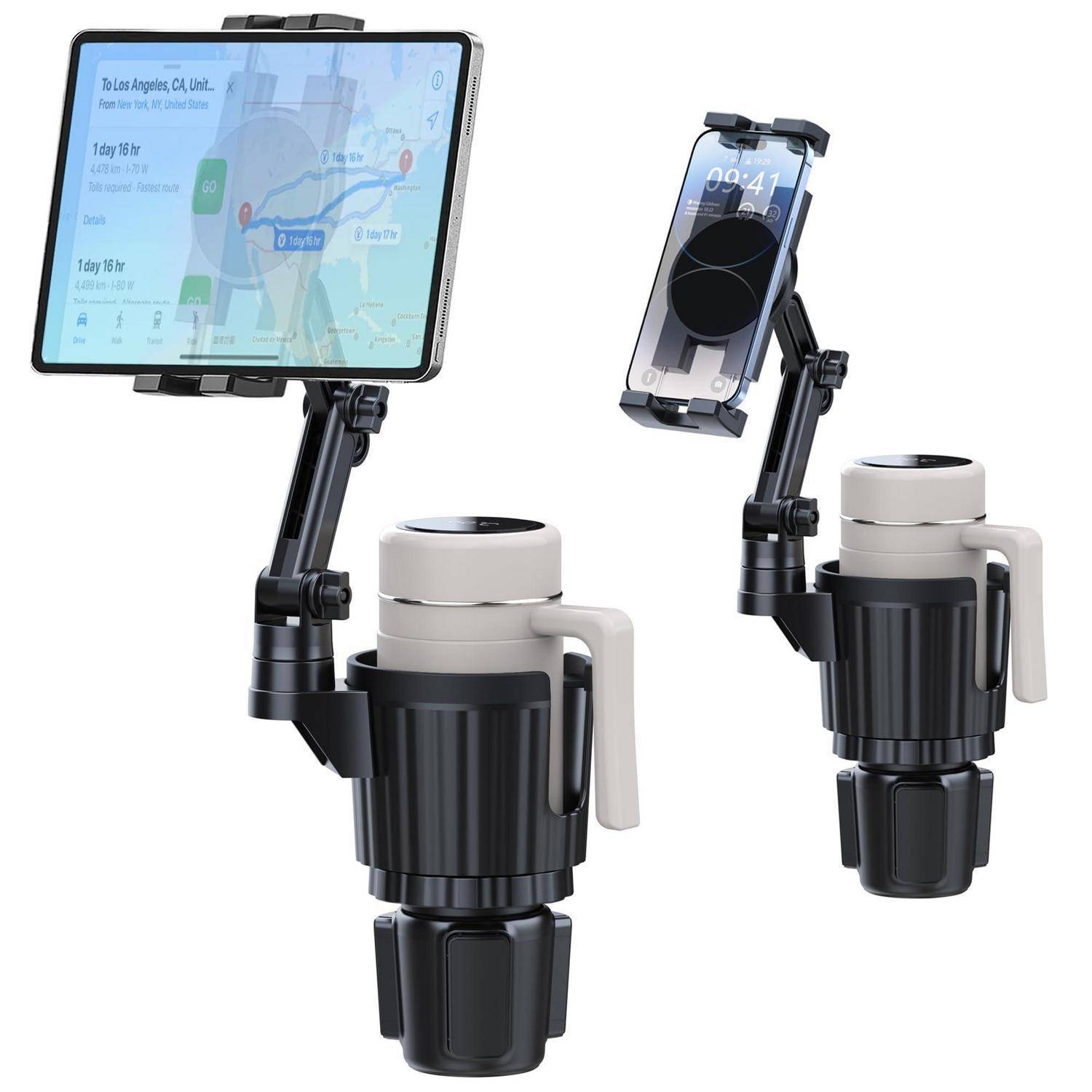 Clip-on Becherhalter mit verstellbarer Halterung hält ein Tablet oder Telefon über einem Auto-Becherhalter für freihändige Anzeige.