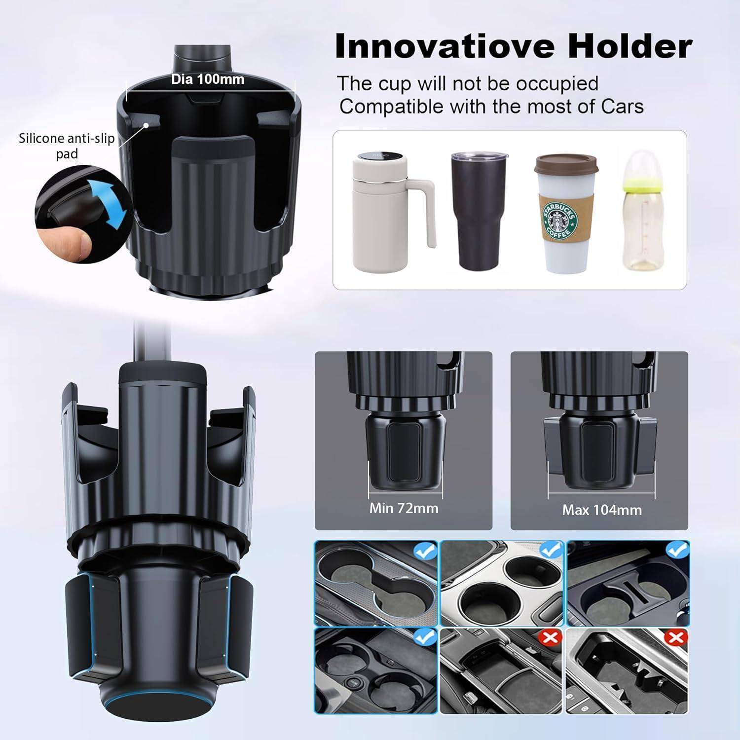 Innovativer Auto-Getränkehalter mit Silikon-Rutschschutzpad, passt für Becher mit einer Breite von 72-104 mm und funktioniert mit den meisten Auto-Getränkehältern.