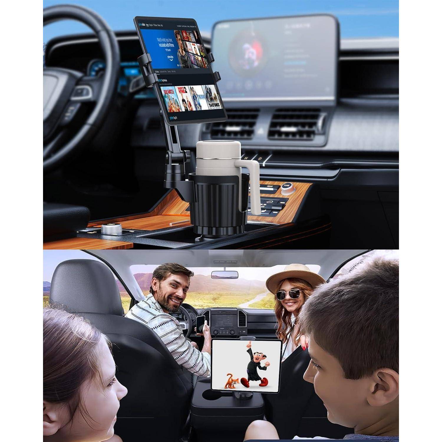 Collage, das eine Tablet-Halterung für Autogetränkhalter zum Streamen zeigt und eine Familie im Auto, die während einer Autoreise ein Tablet auf dem Rücksitz zur Unterhaltung nutzt.