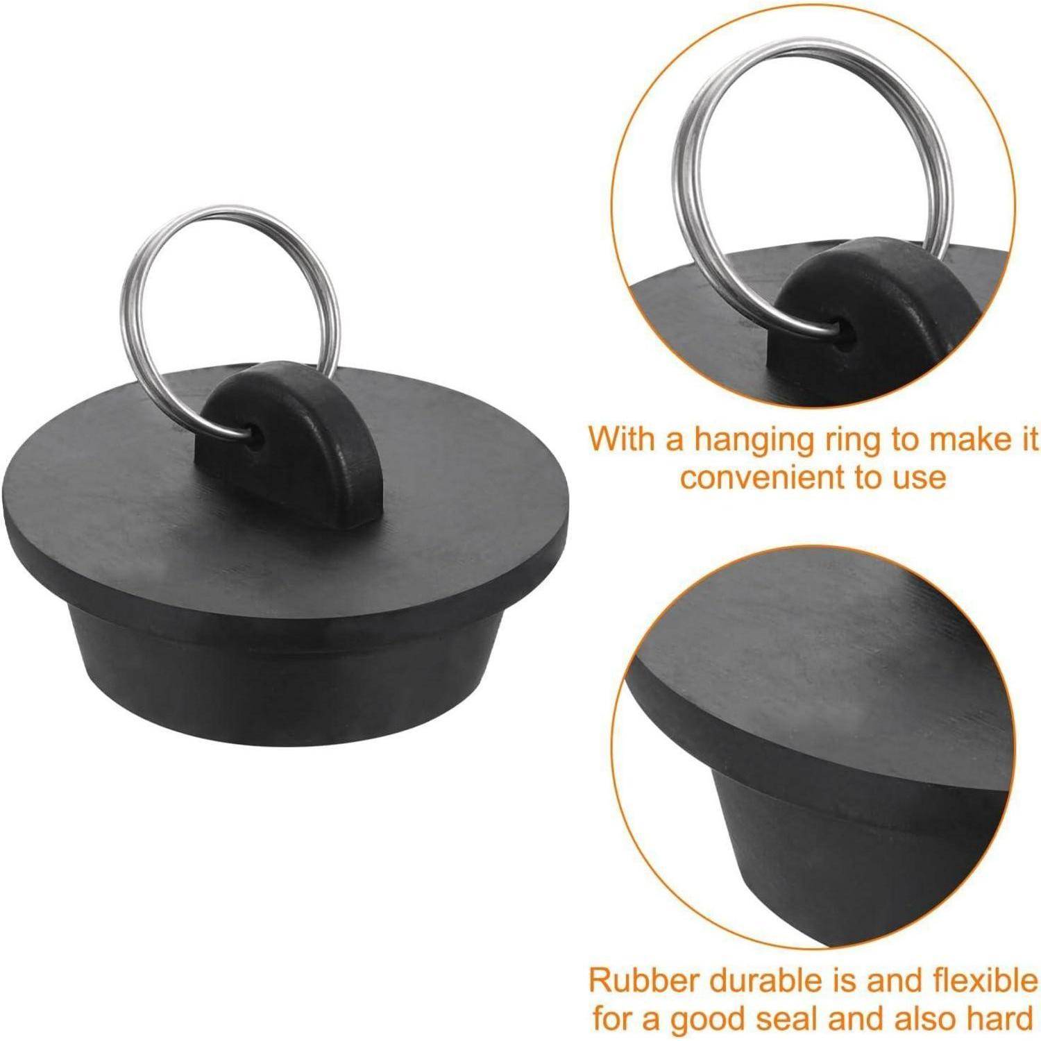 Schwarzer Gummistöpsel mit metallischem Aufhängering, in Nahaufnahme und Detailansichten dargestellt, die den Ring und die flexible Kante hervorheben.