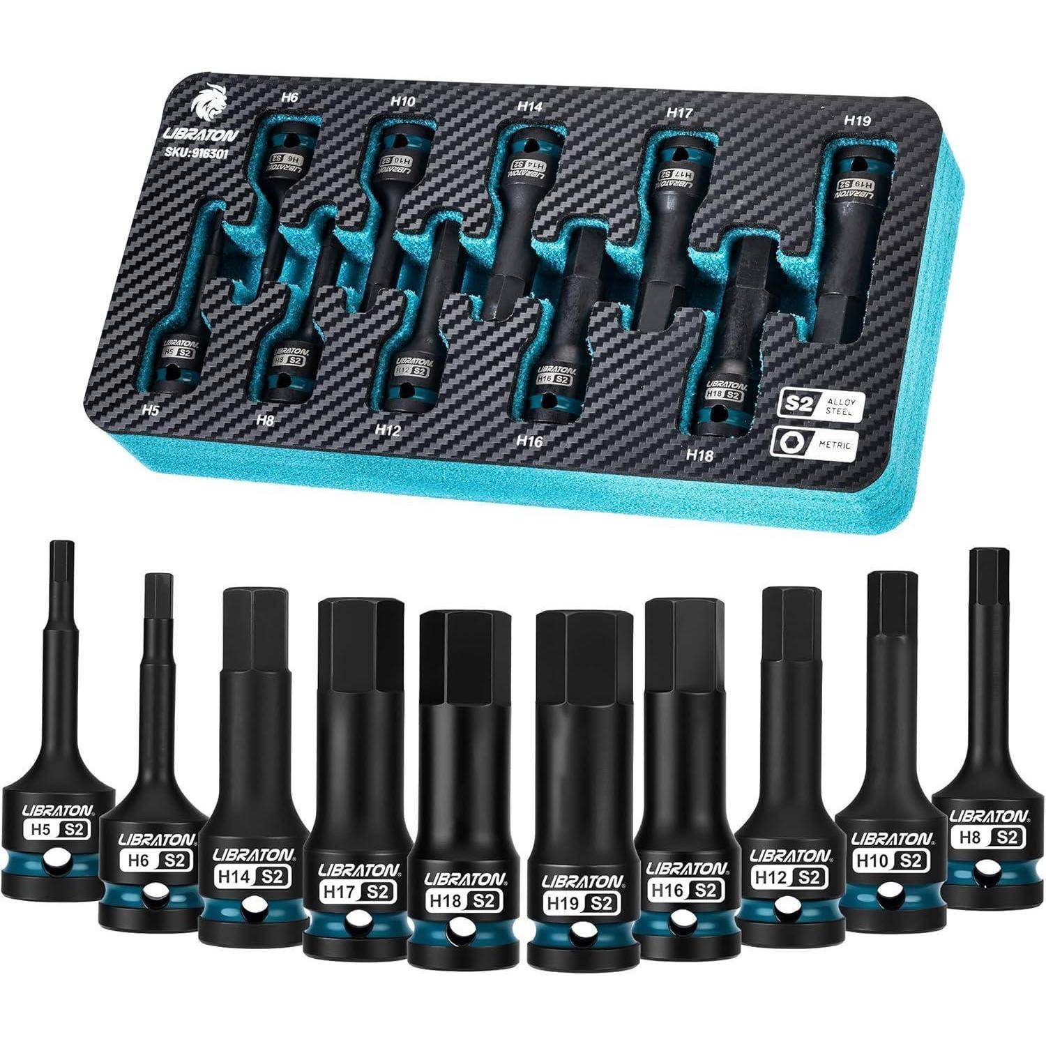 LIBRATON Schlag Hex Bit Steckschlüssel Set, 1/2” Kraft, S2-Stahl, 10-tlg Schlag-Sechskant-Bit-Steckschlüsselsatz H5-H19, Hex-Steckschlüssel, XPE-