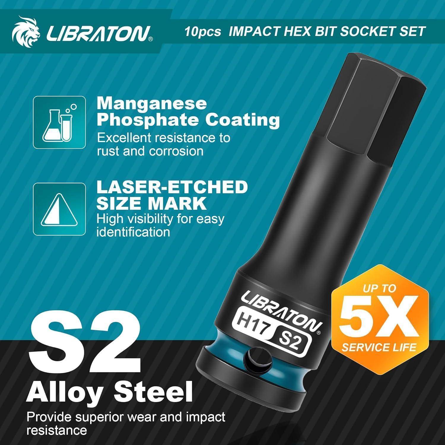 LIBRATON Schlag Hex Bit Steckschlüssel Set, 1/2” Kraft, S2-Stahl, 10-tlg Schlag-Sechskant-Bit-Steckschlüsselsatz H5-H19, Hex-Steckschlüssel, XPE-