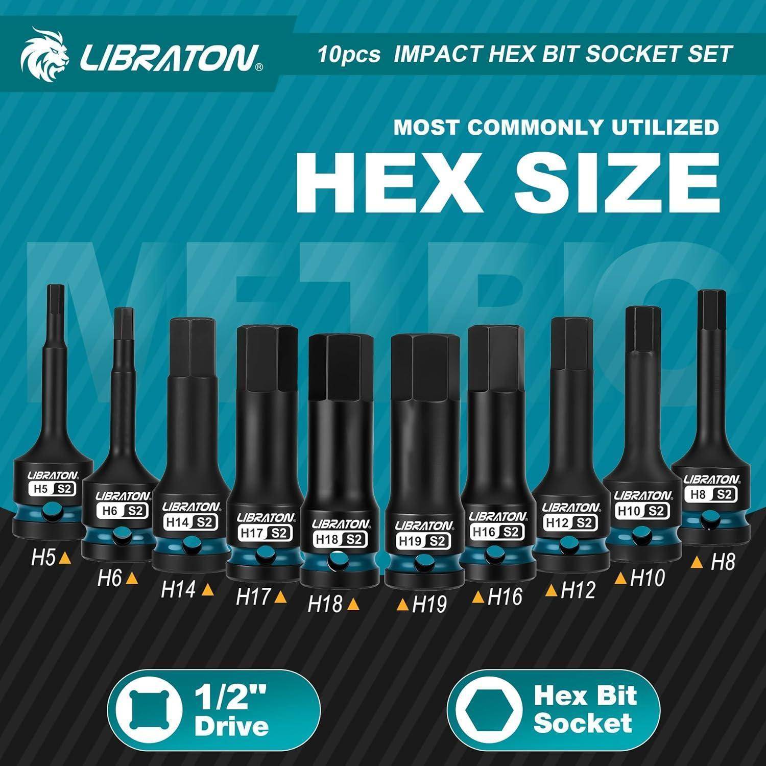 LIBRATON Schlag Hex Bit Steckschlüssel Set, 1/2” Kraft, S2-Stahl, 10-tlg Schlag-Sechskant-Bit-Steckschlüsselsatz H5-H19, Hex-Steckschlüssel, XPE-