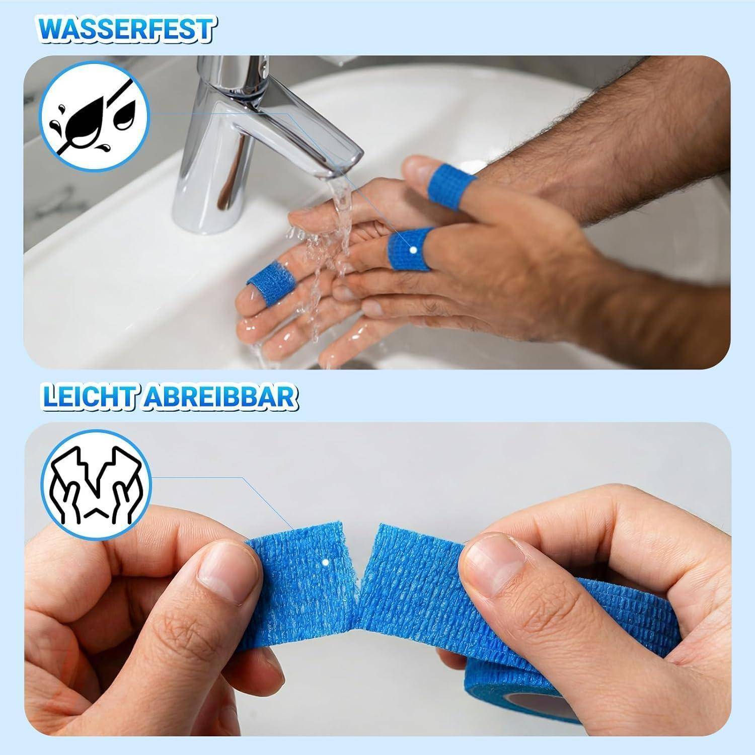Zwei Fotos zeigen blaues Klebepflaster/Klebeband auf Fingern: Das erste ist wasserfest unter fließendem Wasser; das zweite wird leicht von Hand zerrissen.