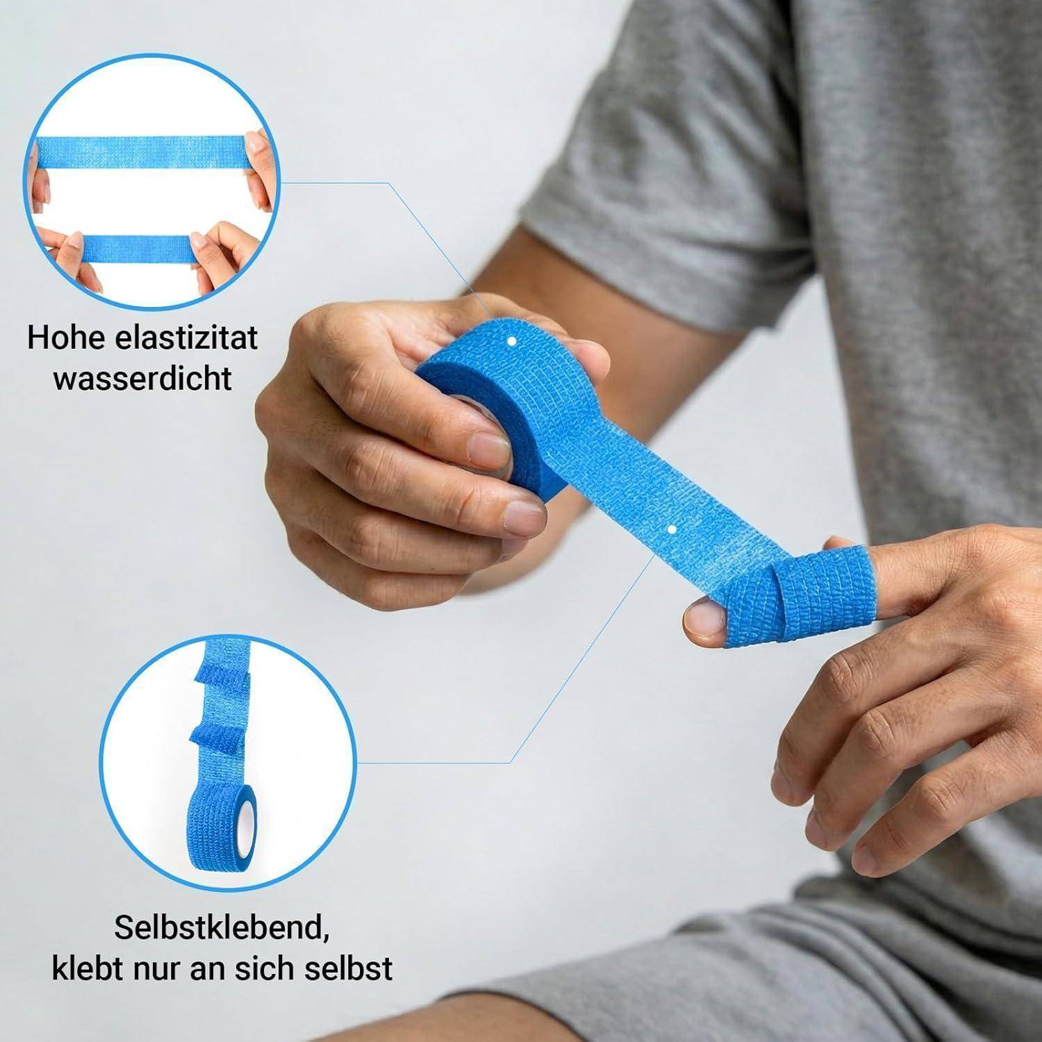 Person dehnt blaues selbstklebendes Pflaster auf der Hand; Beschriftungen zeigen „Hohe Elastizität wasserdicht" und „Selbstklebend, klebt nur an sich selbst"".