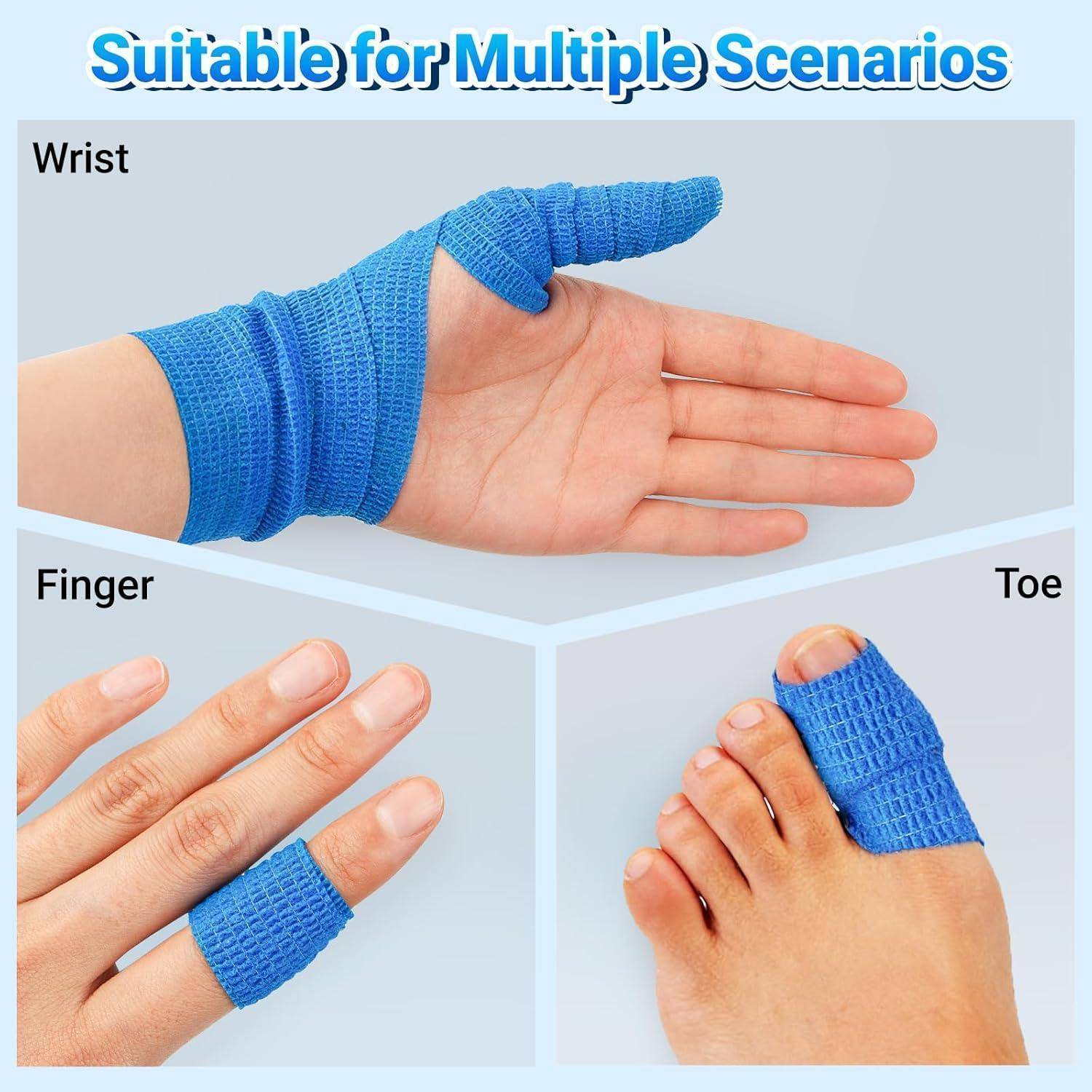 Illustration eines blauen elastischen Verbandwickels, der um ein Handgelenk, einen Finger und eine Zehe gewickelt ist, mit der Beschriftung "Geeignet für mehrere Szenarien"".