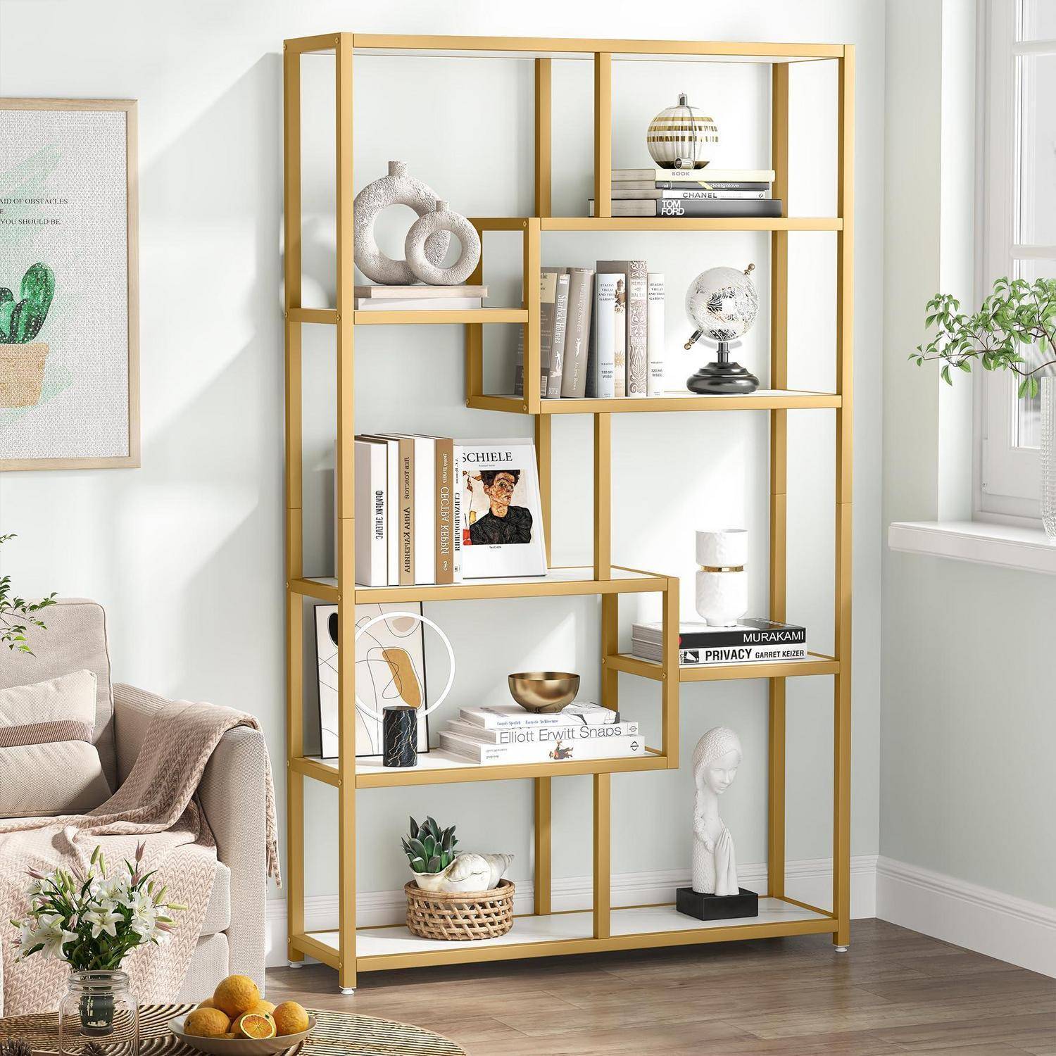 Tribesigns Bücherregal, 180cm Büroregal mit 8 offene Ablagen, Regal mit Metallrahmen, Moderne Gold Standregal für Wohnzimmer, Arbeitszimmer, Büro