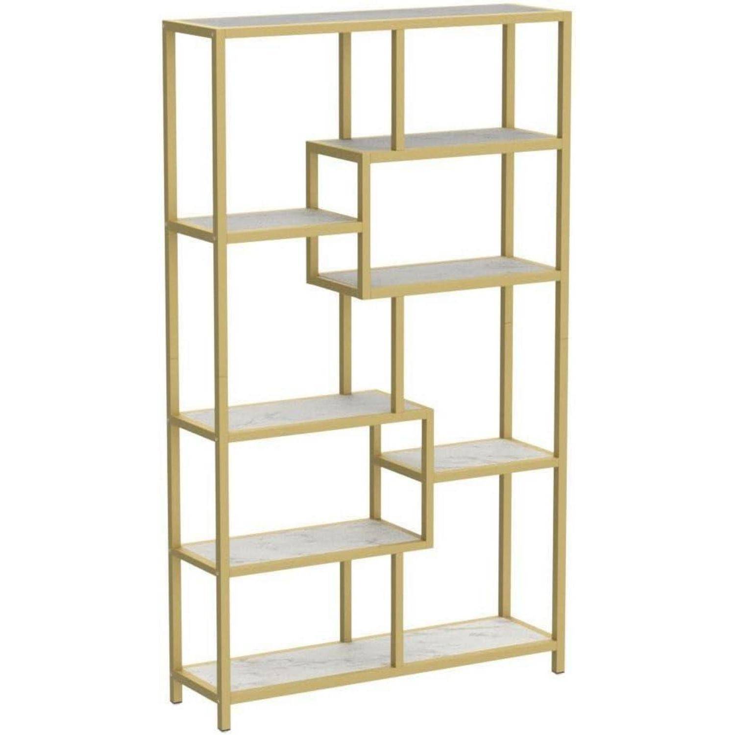 Tribesigns Bücherregal, 180cm Büroregal mit 8 offene Ablagen, Regal mit Metallrahmen, Moderne Gold Standregal für Wohnzimmer, Arbeitszimmer, Büro