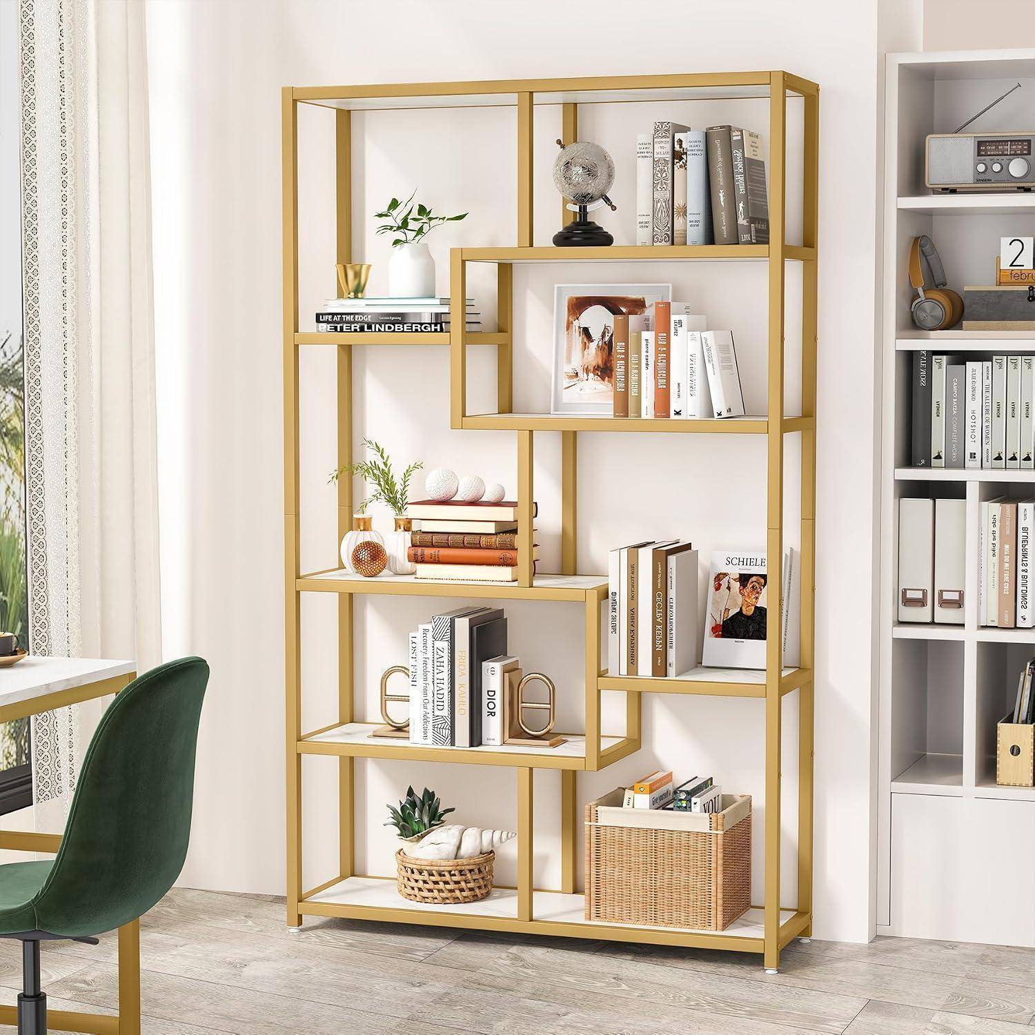 Tribesigns Bücherregal, 180cm Büroregal mit 8 offene Ablagen, Regal mit Metallrahmen, Moderne Gold Standregal für Wohnzimmer, Arbeitszimmer, Büro