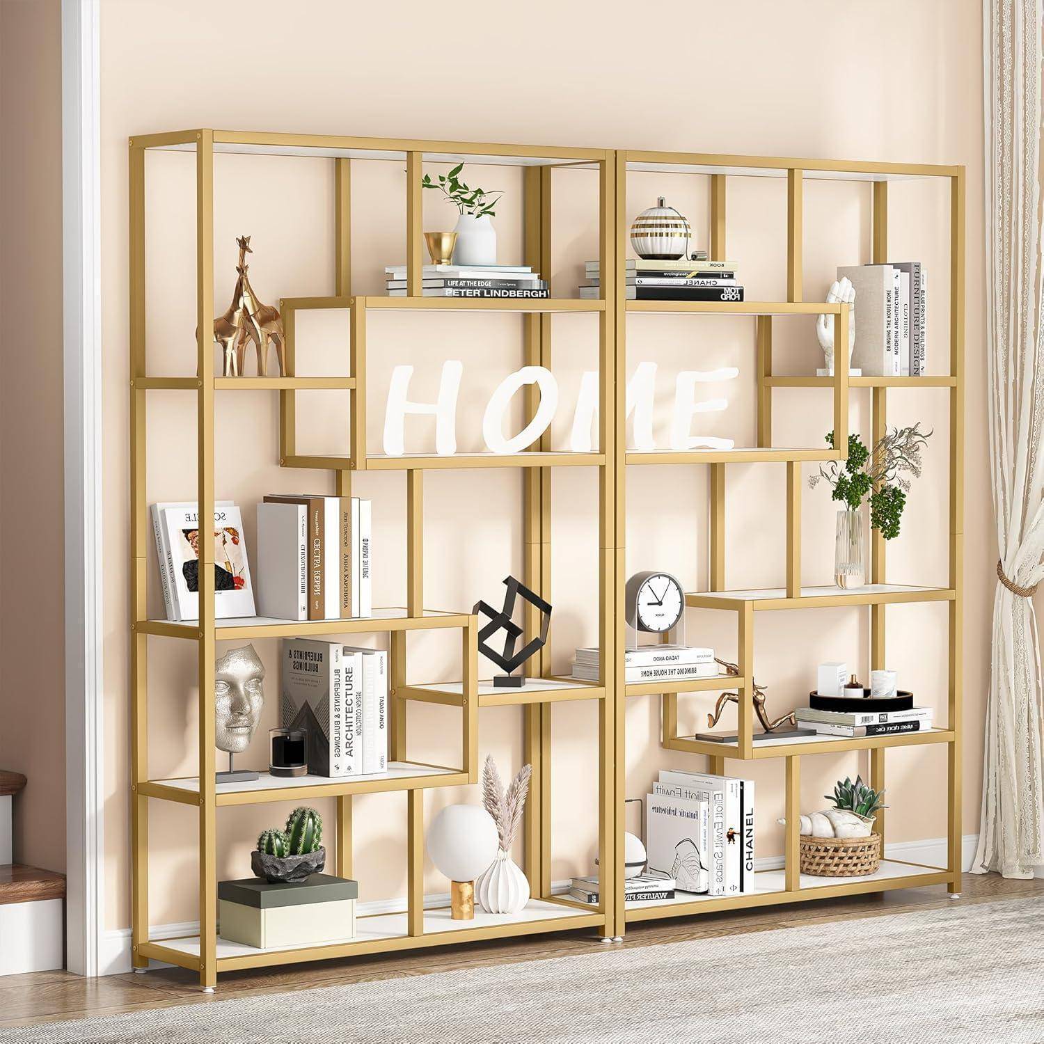 Tribesigns Bücherregal, 180cm Büroregal mit 8 offene Ablagen, Regal mit Metallrahmen, Moderne Gold Standregal für Wohnzimmer, Arbeitszimmer, Büro