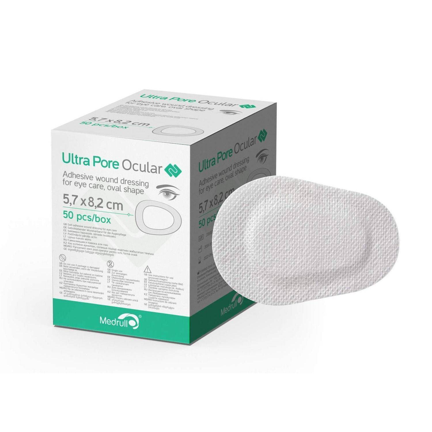 Packung mit Ultra Pure Okular-Klebstoff-Wundverbänden zur Augenpflege, 5,7 x 8,2 cm, 50 Stück pro Packung, mit einem gezeigten ovalen Verband.