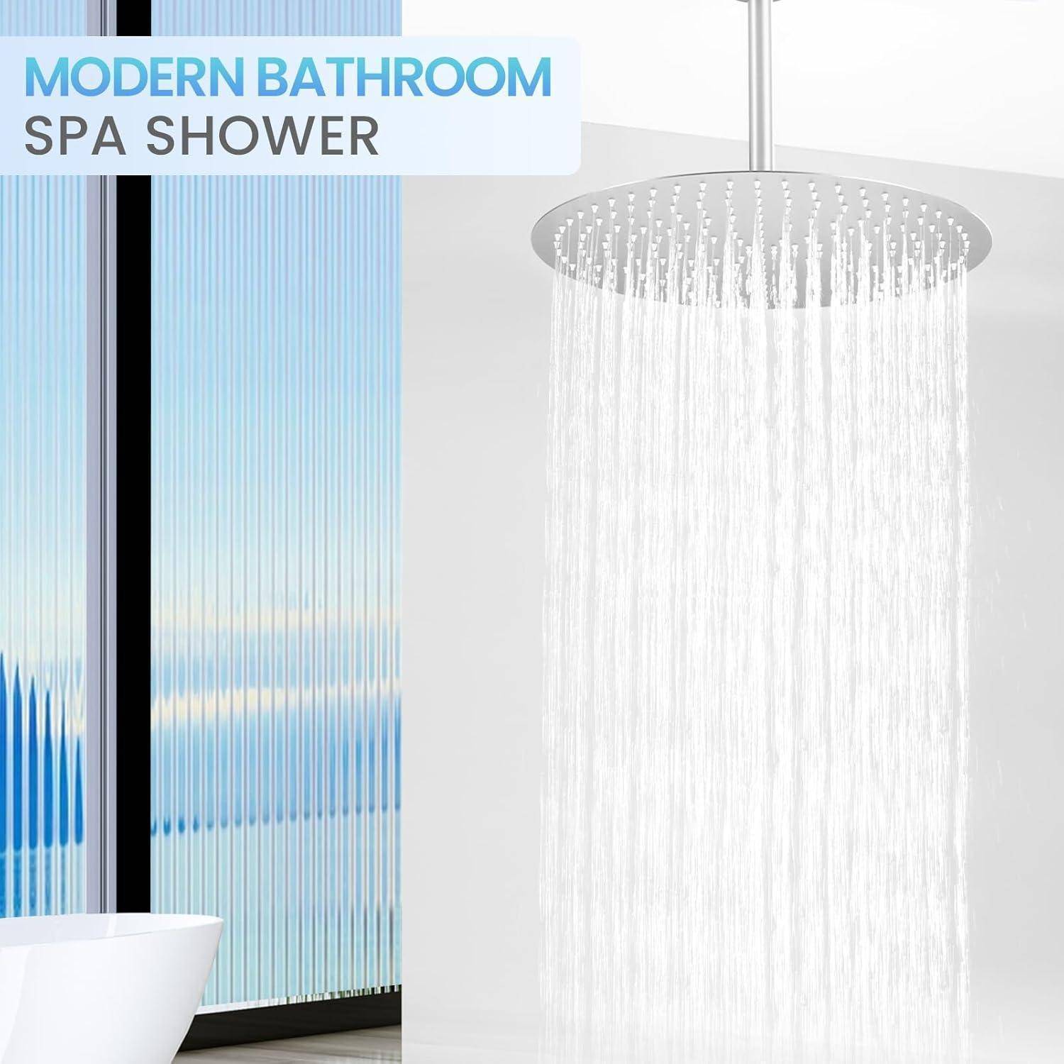 Modernes Badezimmer-Spa mit großer runder Regenbrause, die Wasser neben einer gläsernen Duschkabine versprüht.