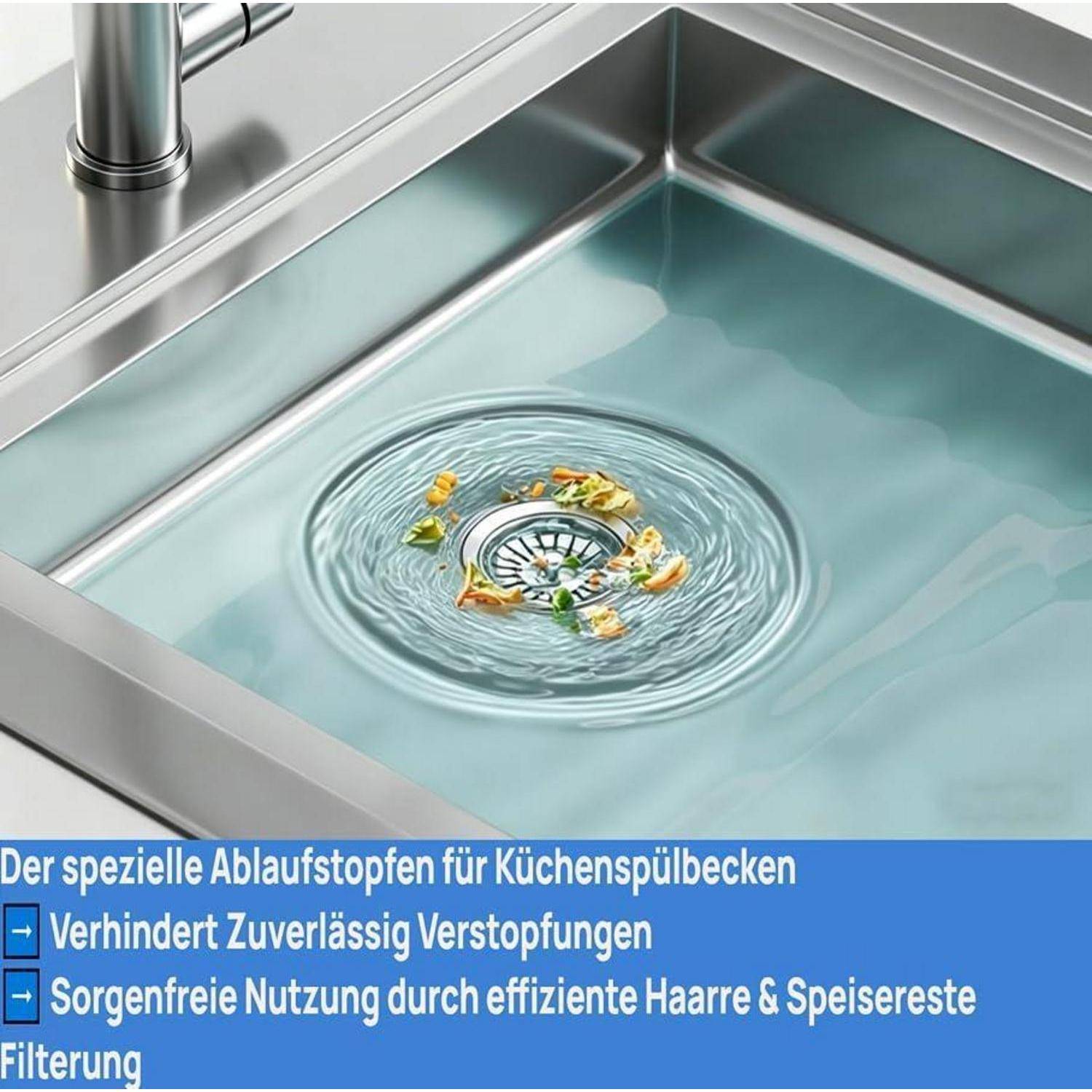 Küchenspüle mit einem speziellen Ablaufsieb, das Speisereste und Haare auffängt, in Wasser gezeigt, um die Verstopfungsprävention zu veranschaulichen.