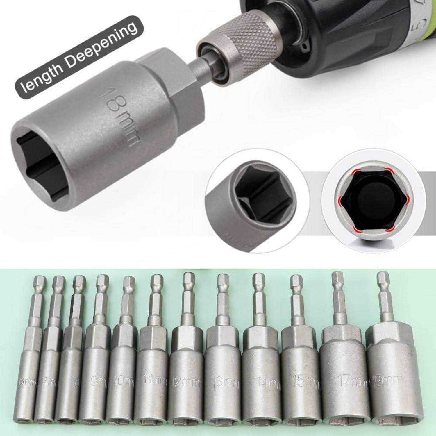 Satz magnetischer Tiefstecknuss-Bohraufsätze, beschriftet mit „Längen-Vertiefung