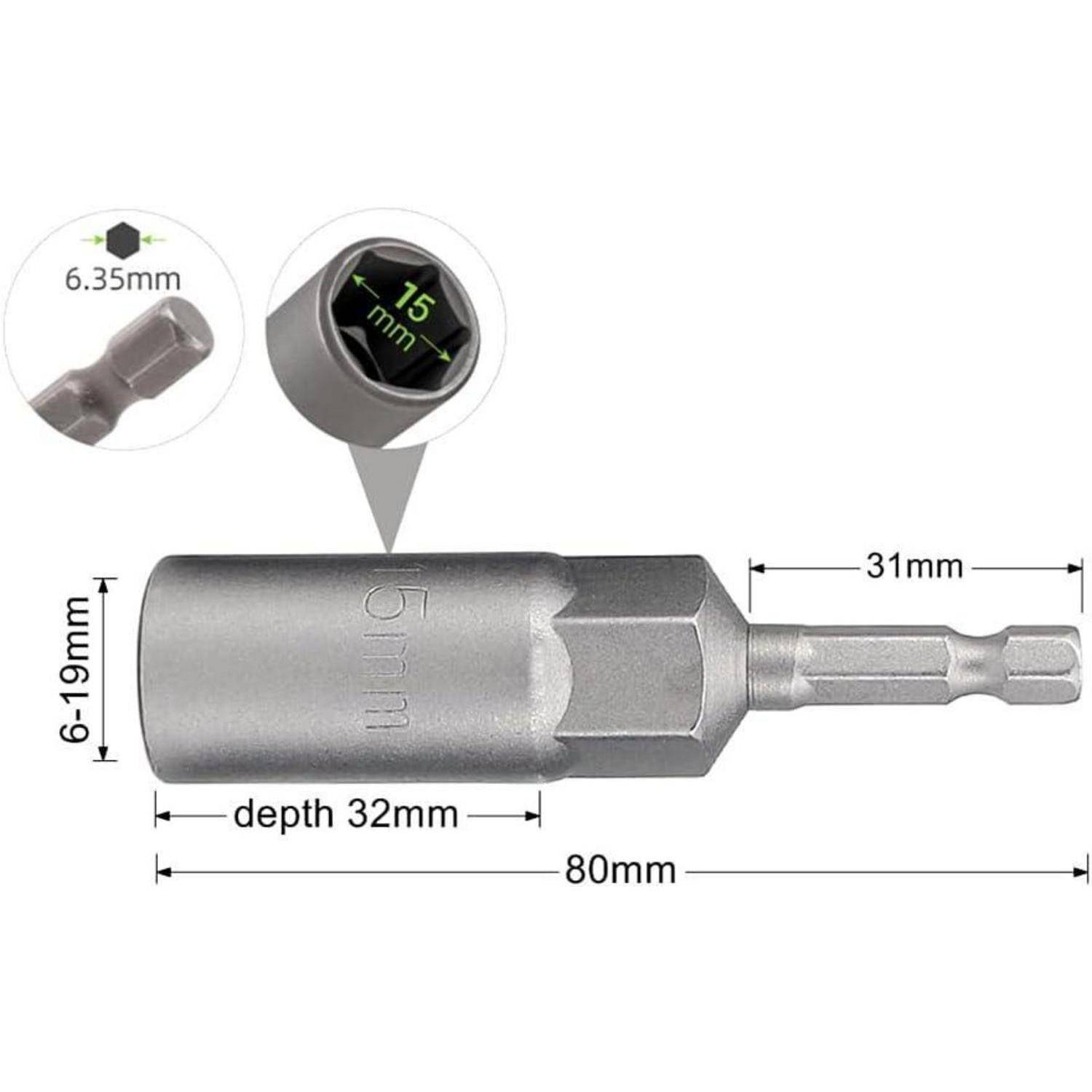 Annotierte Sechskant-Schraubendreher-Bitaufnahme mit Abmessungen: 80mm Länge, 31mm Schaft, 6-19mm Körper, 32mm Tiefe, mit 6,35mm und 15mm Größenkennzeichnungen.